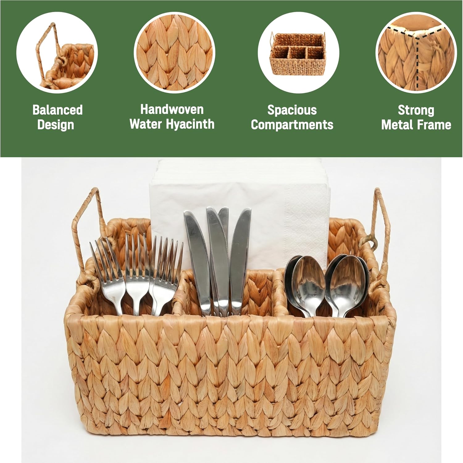 Wicker Utensil Holder with Handle - Handwoven Water Hyacinth Flatware Caddy with 4 Compartments - Rustic Cutlery Organizer for Kitchen, Dining Table, Picnic & BBQ