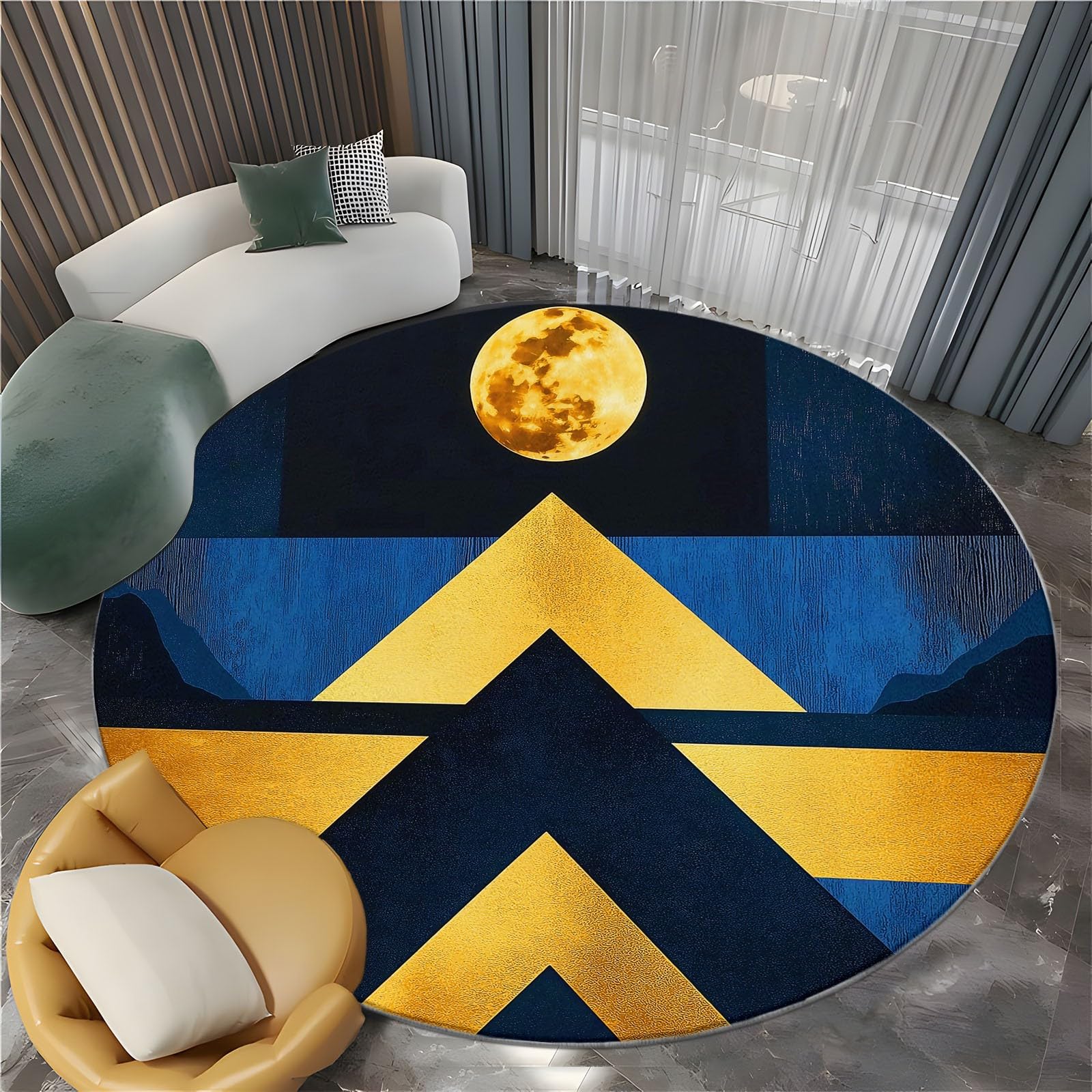 Rond Tapis Salon Bleu, Moquette Motif Géométrique Abstrait De La Lune — Tapis Chambre de Décoration Poil Ras Lavable en Machine Paillasson Rond Antidérapant Salle a Manger Chambre Adulte, 210 cm