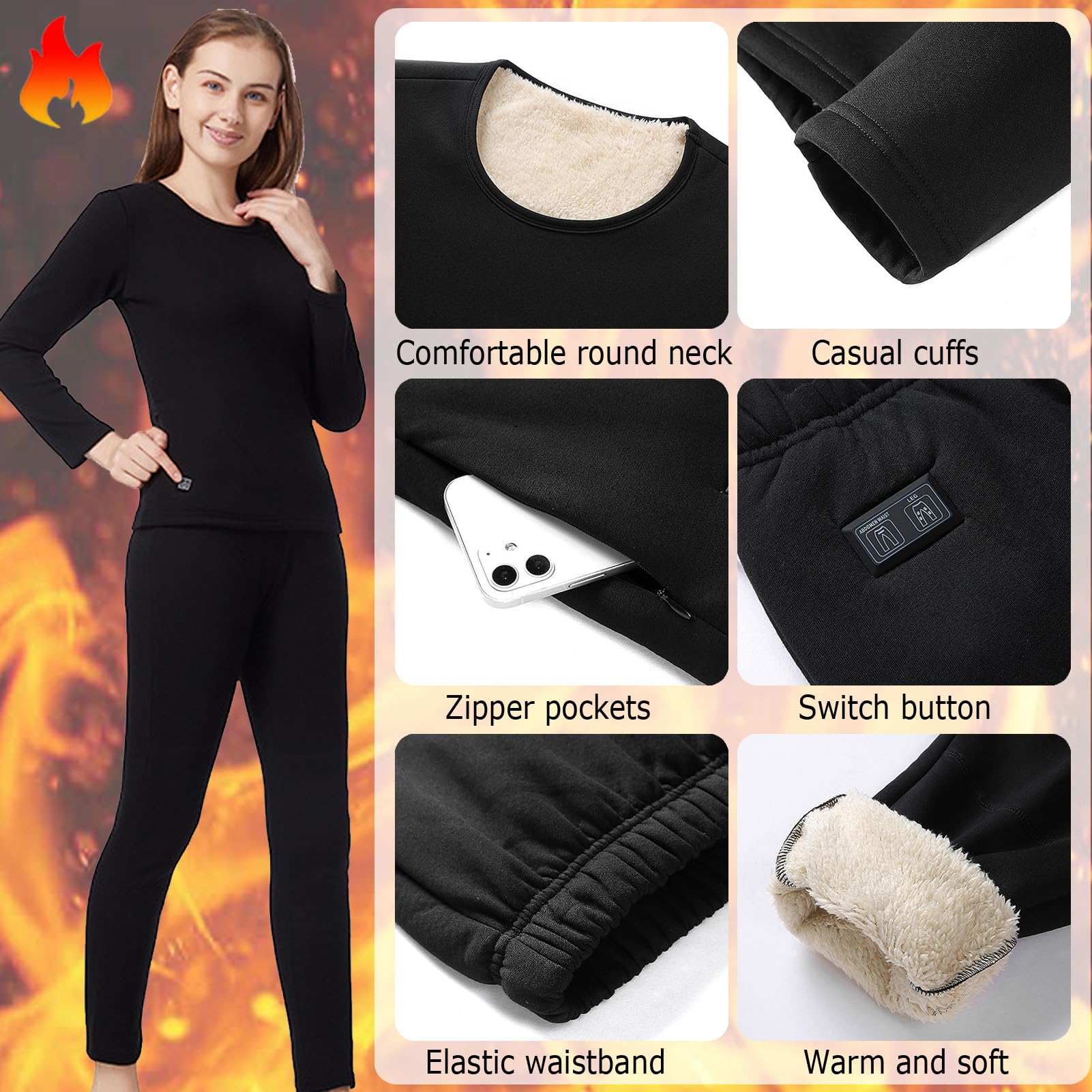 Set Intimo Termico Riscaldato Unisex, 18 Zone/30 Zone Winters Heating Baselayer Intimo Camicia E Pantaloni con Batteria