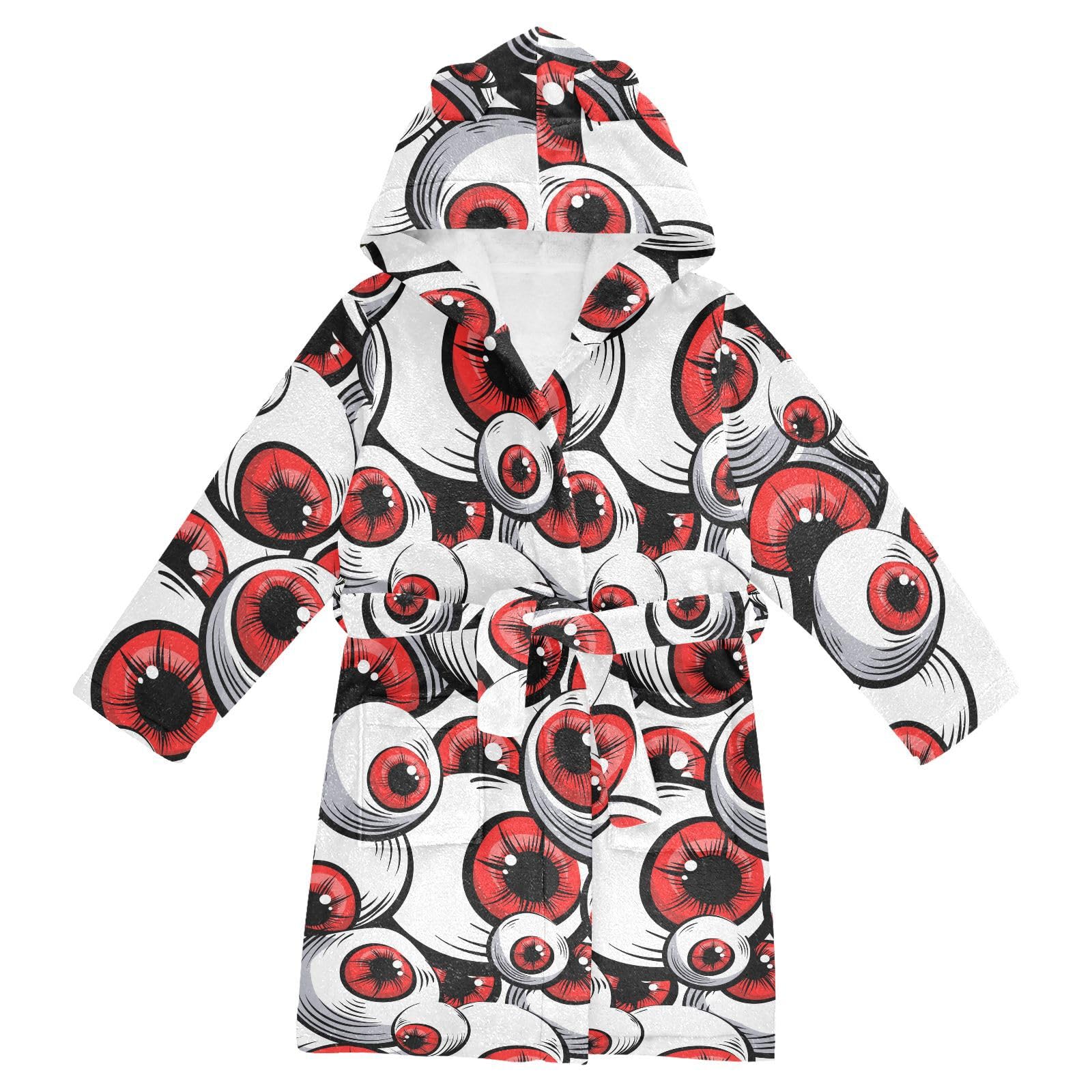 WIFIU Toddler Baby Hooded Bathrobe for Boys Girls Red Eyes Printed, Soft Plush Bath Towel Robe with 2 Pockets Scary Fantasy Pattern for 7-9 Years