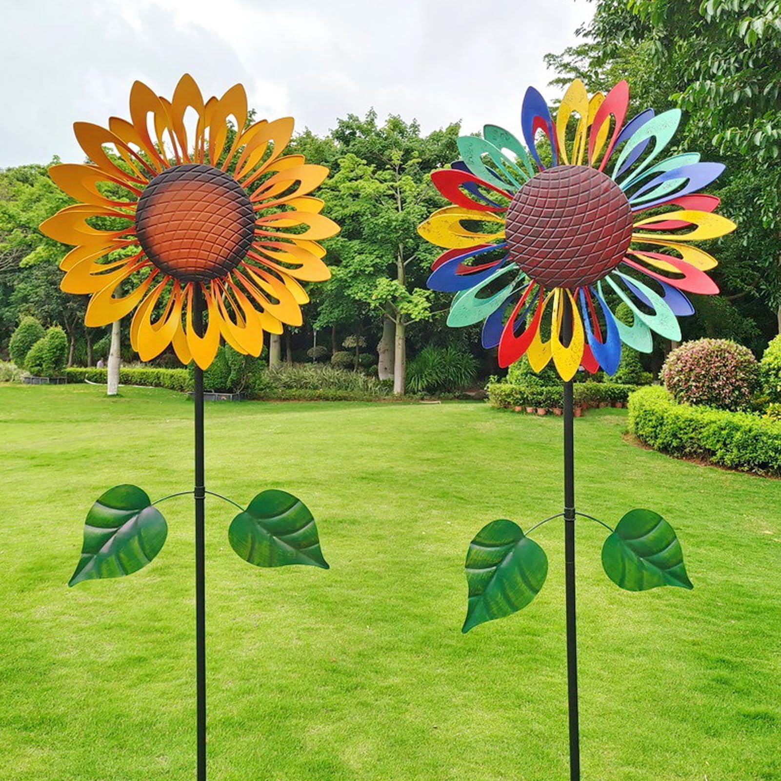210cm Mulino a Vento in metallo girasole,Girandole a vento con illuminazione a LED a energia solare,Girandole Cinetiche con palo da giardino, decorazioni da giardino, sculture a vento e girandole