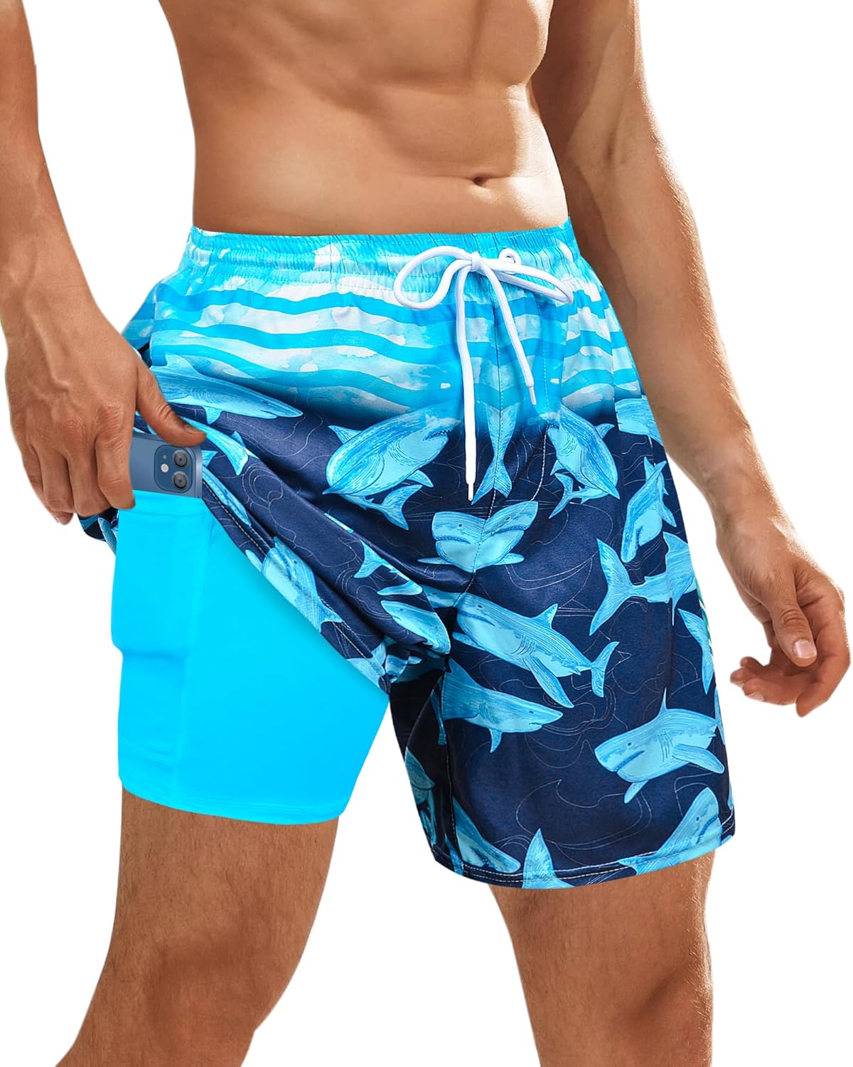 OlyPegic Mens Swim Trunks Bathing Suit Mens Swimwear Shorts Quick Dry with Compression Liner Beach Board with Zipper Pock