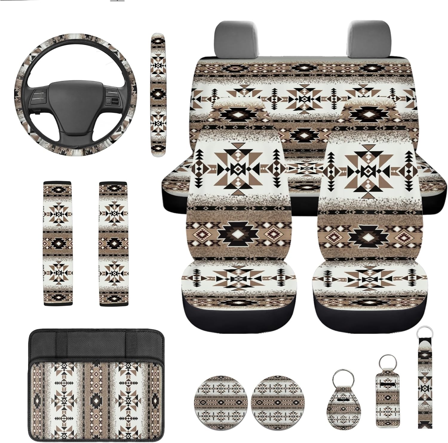 Southwest Aztec Car Seat Cover Full Set with Steering Wheel Cover Seat Belt Strap Pads Armrest Pad Coasters Keychain Lipstick Holder Ethnic Style 13 PCS Auto Accessory Decor