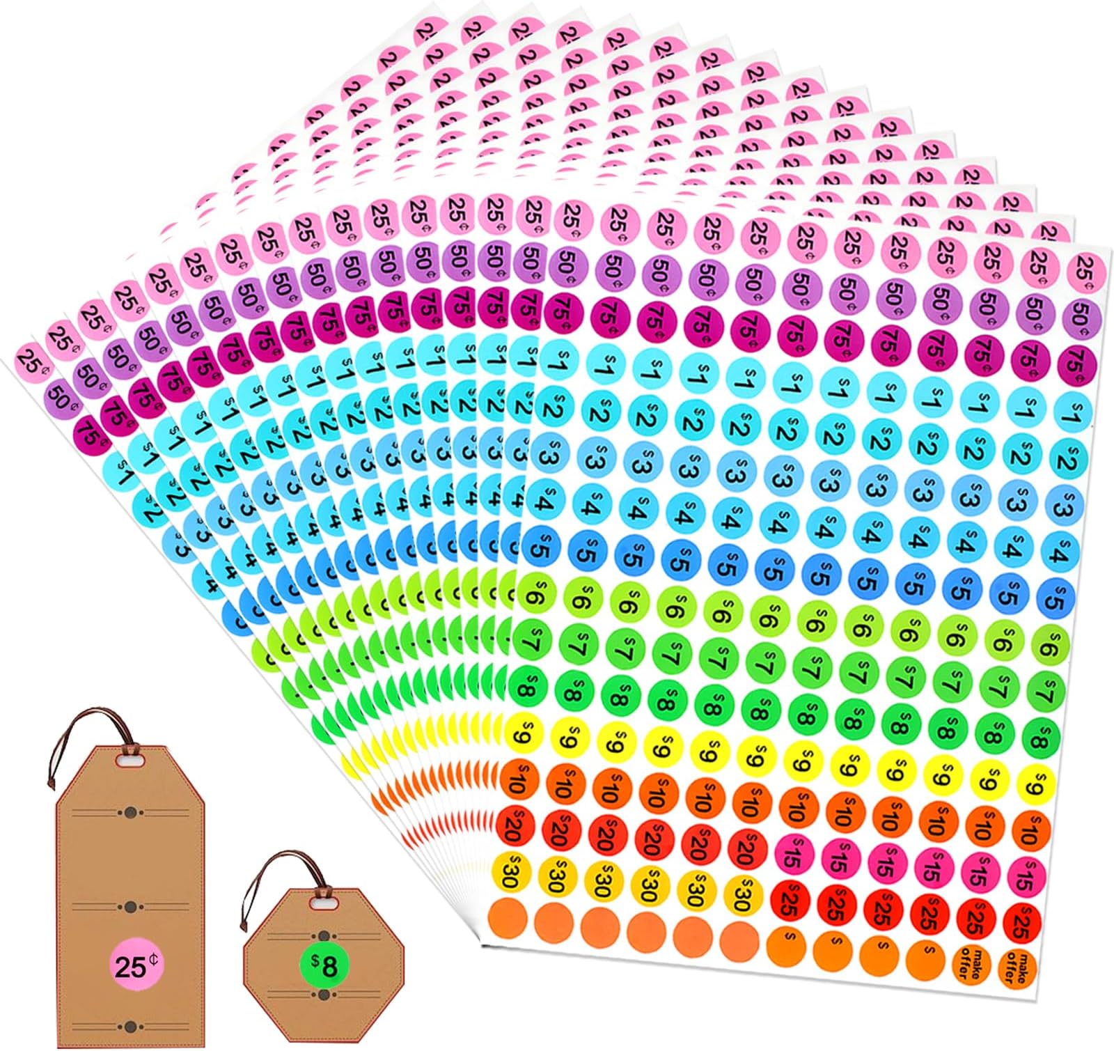 AZUREAL 3072 Piece 16 Sheet Price Stickers, 3/4 Inch Round Yard Sale Price Stickers, 18 Colors Garage Sale Sticker Multiple Denominations for Retail, Flea Markets and County Fairs
