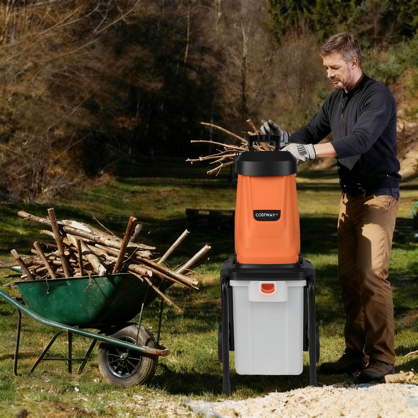 COSTWAY Häcksler Garten 2800 W, Elektro Gartenhäcksler, Elektrischer Walzenhäcksler mit Rädern, 50 L Fangbox | Schnittstärke 45mm | kabelgebunden, Messerhäcksler für und Gartenreinigung (Orange)