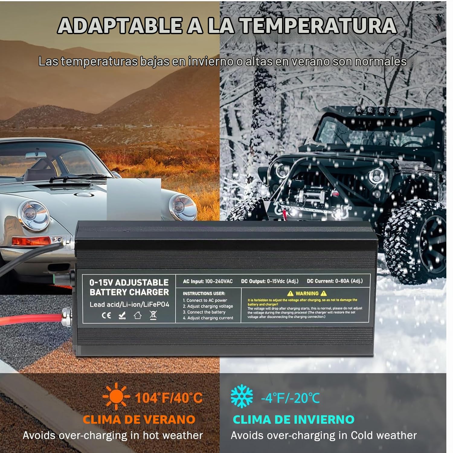Cargador de Baterías LiFePO4 14.6V 60A, Regulación de Voltaje Preciso 0-15V Multivueltas, Cargador Rápido de Baterías de Litio 12V 60A con Carga Automática al Conectar