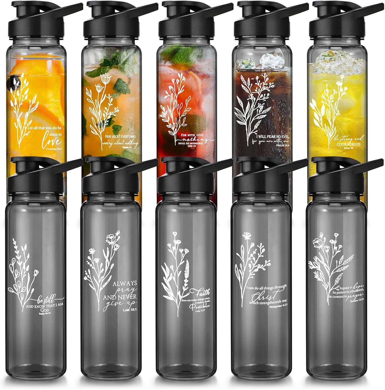 Skylety 10 Pcs Christian Gift Bulk Water Bottle Religious Inspirational Bible Verse Plastic Leak Proof 24 oz Bottles for Church Sunday School Teacher(Boho)