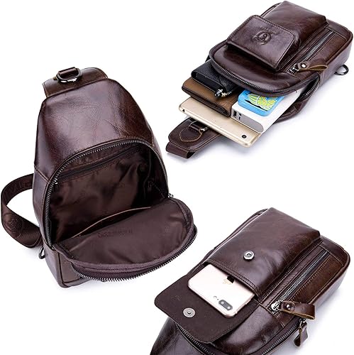 Miniatura 5 de Bolso cruzado de cuero para hombre bolso de hombro casual bolsas de pecho para viajes senderismo mochilas Café Mochilas Sling