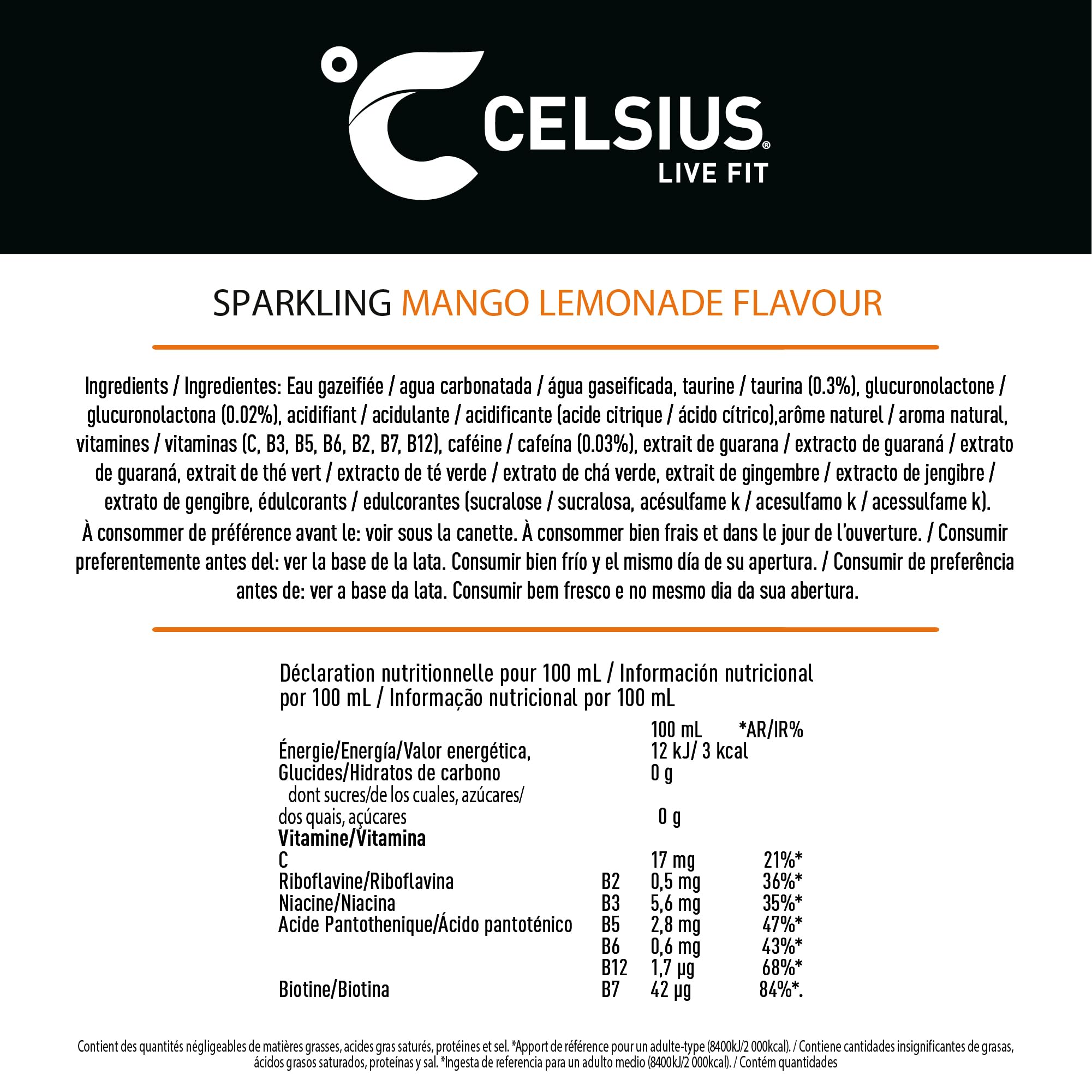 Celsius Bebida Energética Sin Azúcar, Sabor Mango Limón, Energy Drink Funcional - Lata, Pack 12 x 355 ml