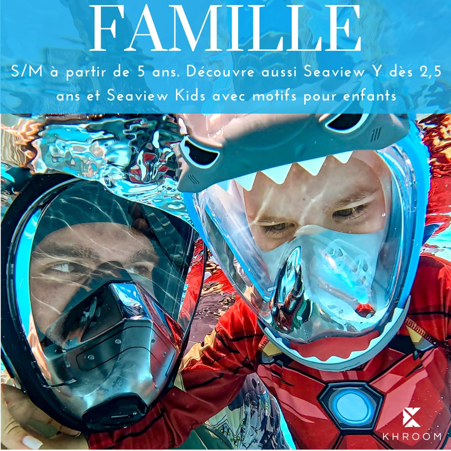 Khroom Masque de Plongee Integral Adulte et Enfant Seaview X | Masque Snorkeling avec Tuba | Securite CO2 Certifie DEKRA | Anti-Buee | Silicone Souple | Plein Visage