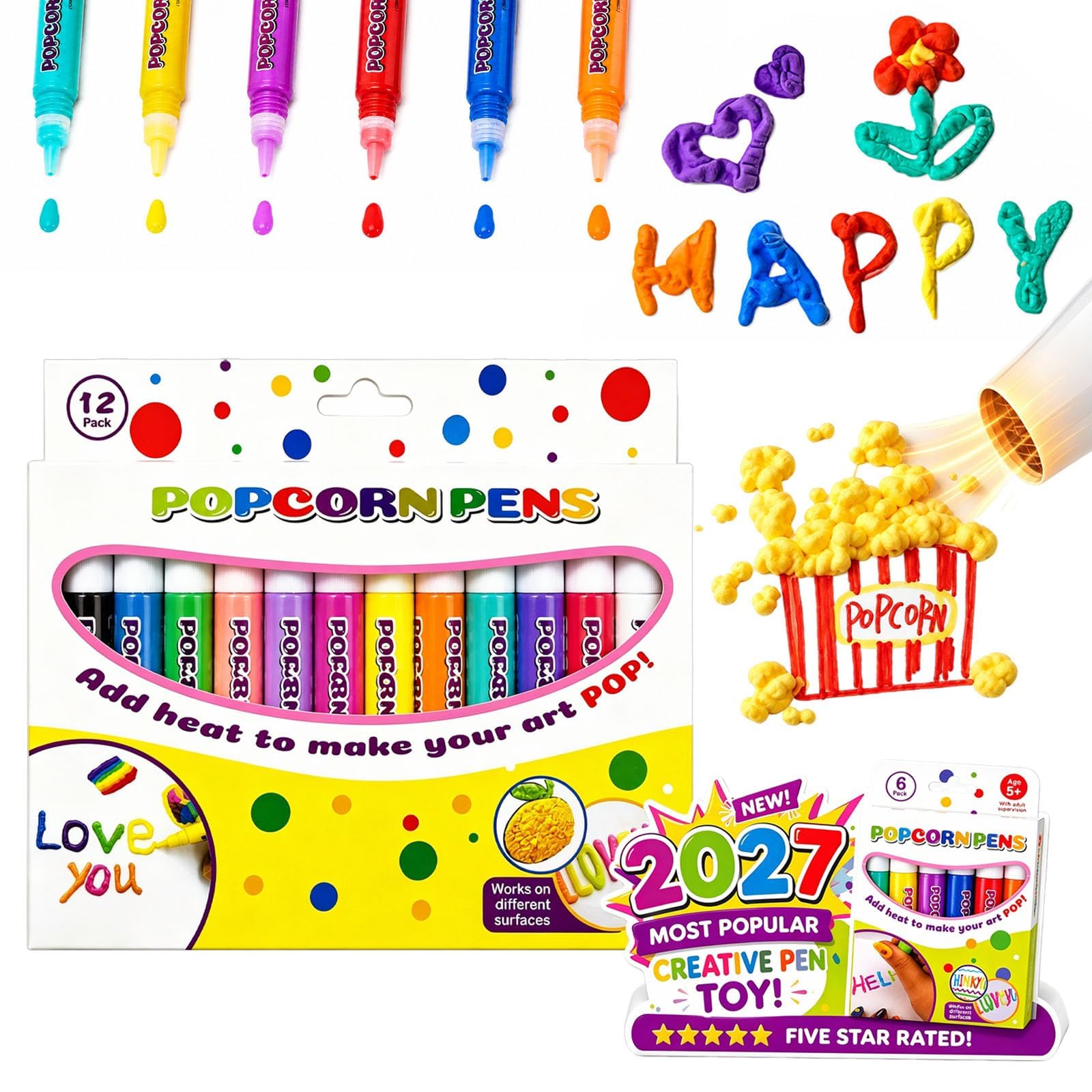 Magic Popcorn Pens, 3D Art Popcorn Pens, 3D Puffy Drawing Kit, DIY Bubble Drawing Pen, Create Raised 3D Puffy With Bubble Pen for Greeting Birthday Cards Kids Christmas
