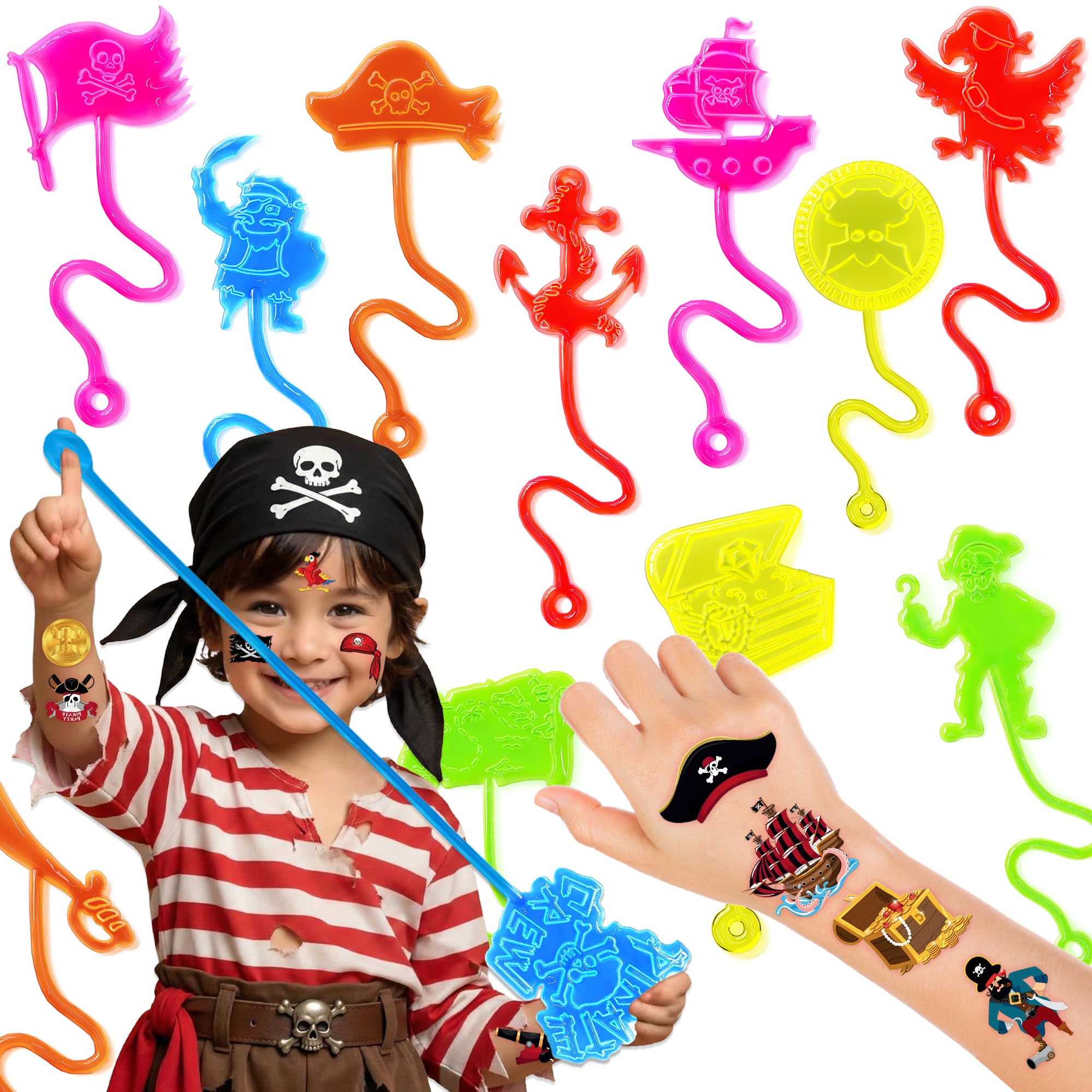 48 PCS Pirate Party Favors for Kids - 24 Temporary Tattoos & 24 Stick Hands
