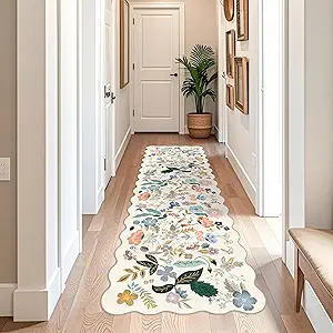 3x10 Washable Hallway Runner Rug: Long Floral Scalloped Soft Runners for Kitchen Entryway Non Slip Bathroom Nursery Floor Mat 10ft Water Resistant Low Pile Carpet for Living Room Bedroom(3x10,Cream)