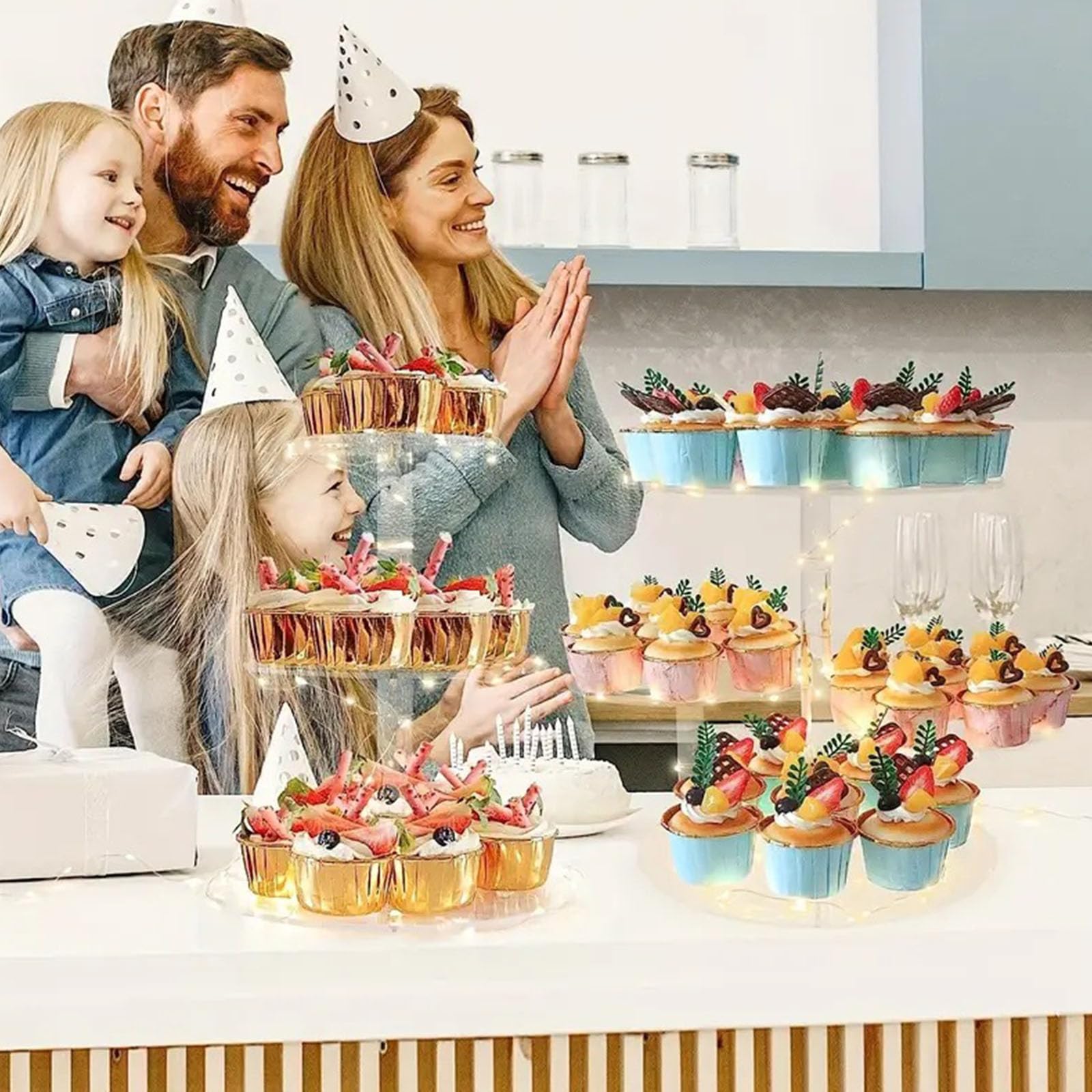 Soporte para cupcakes de 4 capas con iluminación LED, acrílico, para bodas, cumpleaños, baby shower, festivales, recepciones, fiestas graduadas, postres