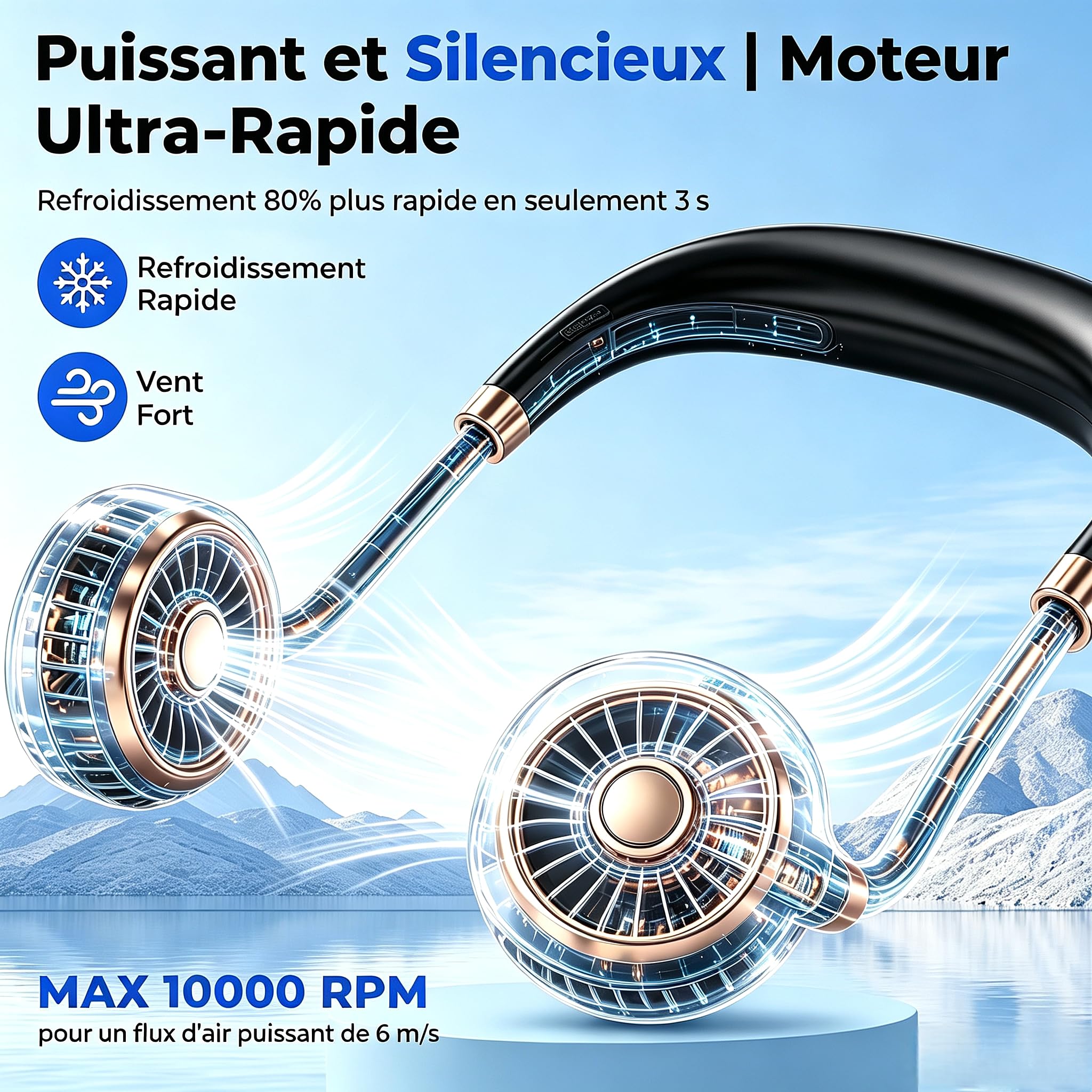 Ventilateur de Cou, 4000mAh USB Ventilateur de Cou Portable avec 6 Vitesses, Ventilateur Cou à Double Tête & Flux d’Air 360°, Ultra-Léger, Mains Libres pour Bureau, Voyage, Trajet, Extérieur, Cuisiner