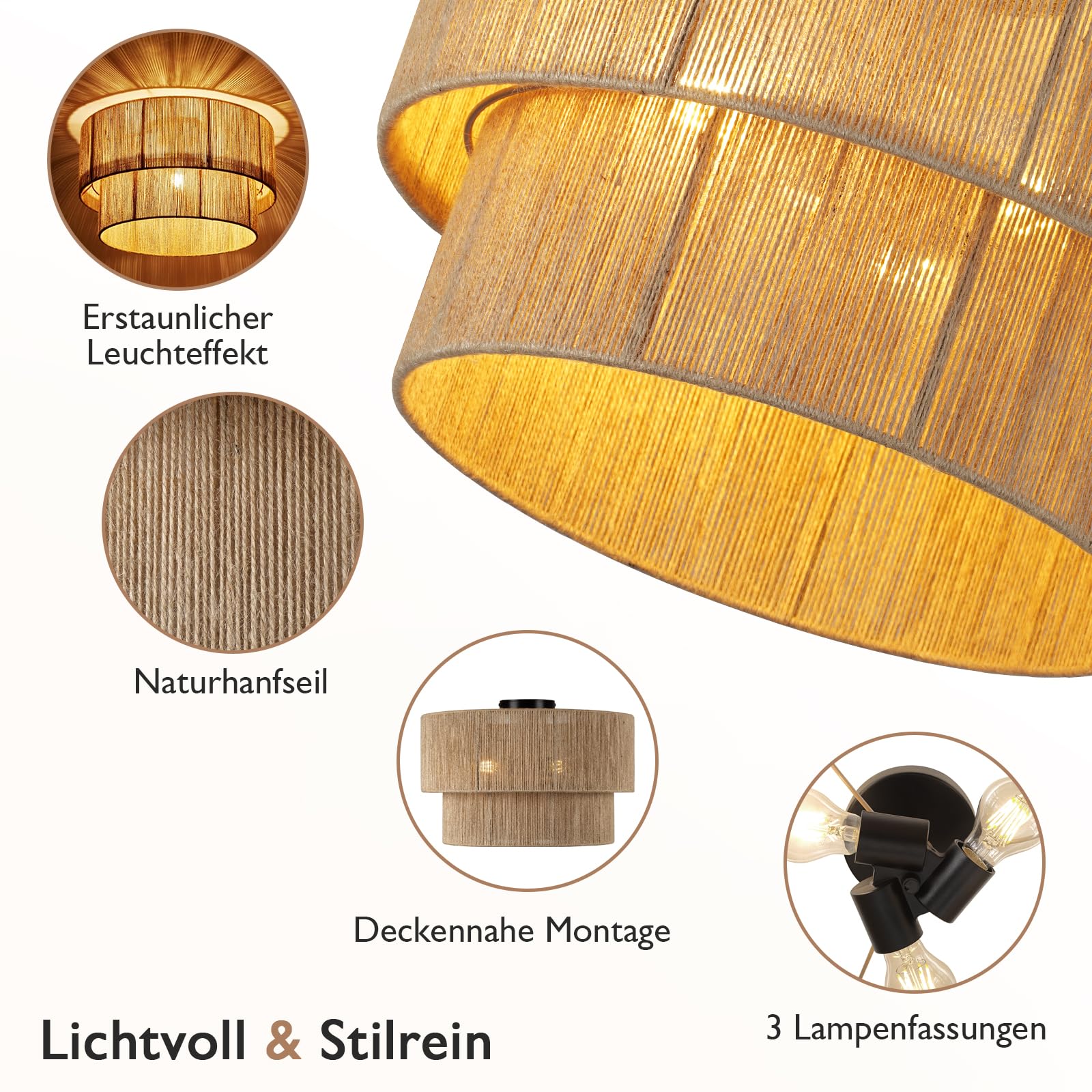 CALOKES Boho Deckenleuchte aus Juteseil Ø45cm – 3-flammige Rattan Deckenlampe mit Korb-Look für Wohnzimmer Schlafzimmer Esszimmer Flur – Deckenlampe E27 (ohne Leuchtmittel)