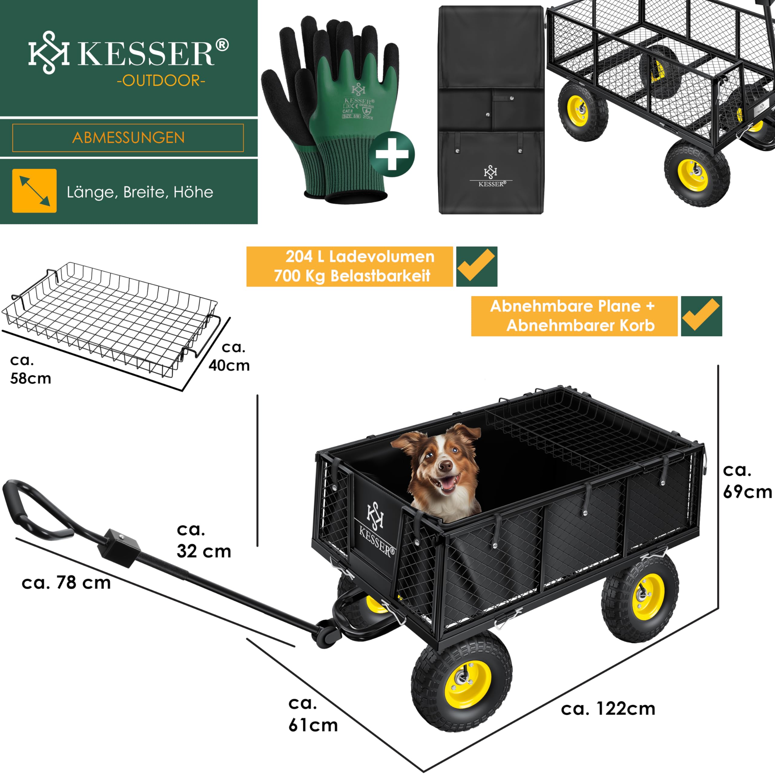 KESSER® Gartenwagen Bollerwagen Transportwagen 700kg belastbar Gartenkarre, inkl. herausnehmbare Plane, Luftreifen Gerätewagen Handwagen vielseitig einsetzbar inkl. Handschuhe + Ablage, Farbe:Schwarz