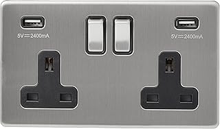 AET SLUSB2GBS Satin Chrome Flat 2 Gang Socket USB Charging Port Black Insert Metal Rocker Switch-13 Amp Double Screwless Plug Socket & USB Power Outlet