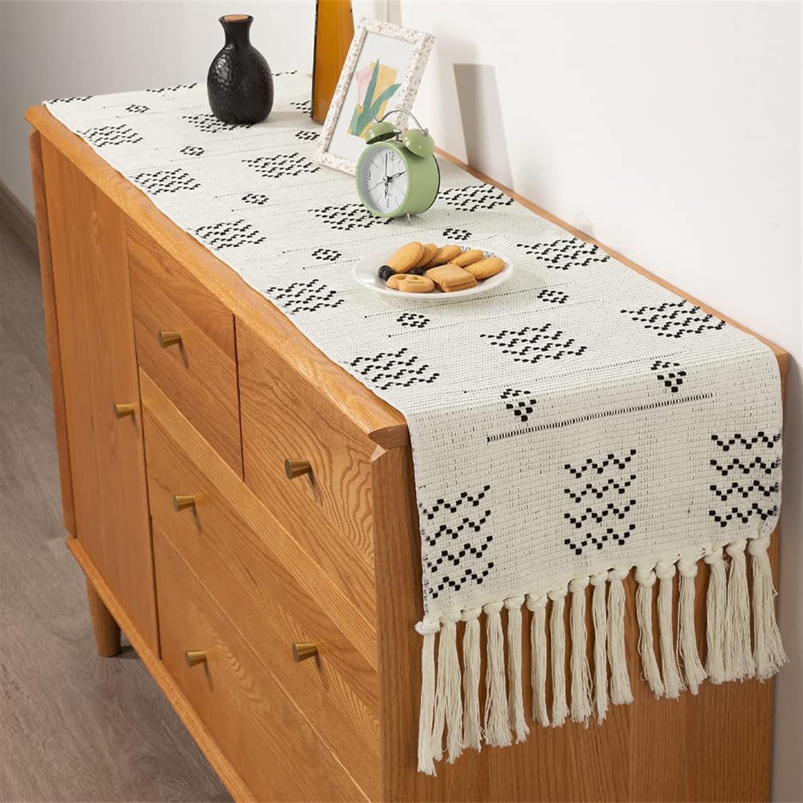 Camino de Mesa de Algodón Estilo Bohemio Camino de Mesa Lavable con Borlas para Boda Fiesta Hogar Cocina Mesa de Comedor Decoración Blanco, 35 x 200 cm