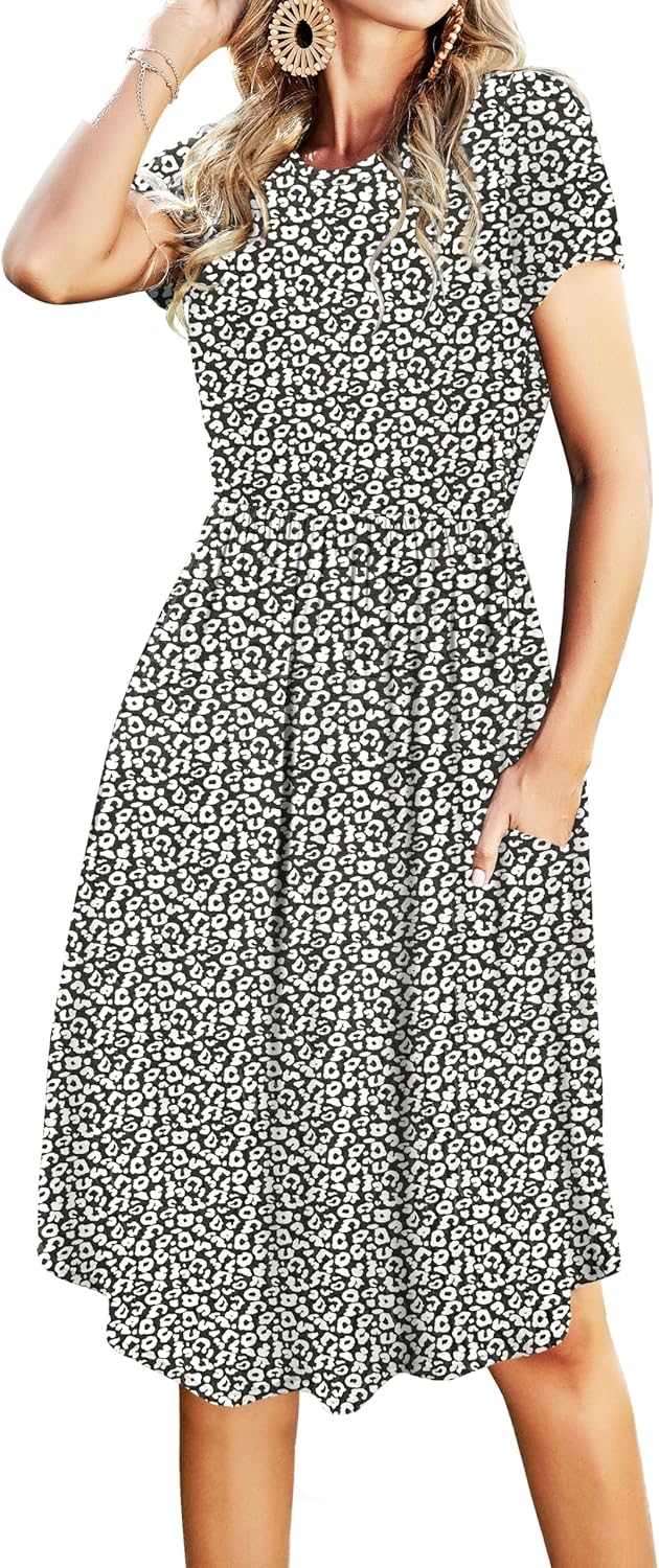 Simier Fariry Womens Summer Pocket Knee Length Teacher Casual Dress Knit Fit Flare Short Sleeve Midi Work Travel Outfits