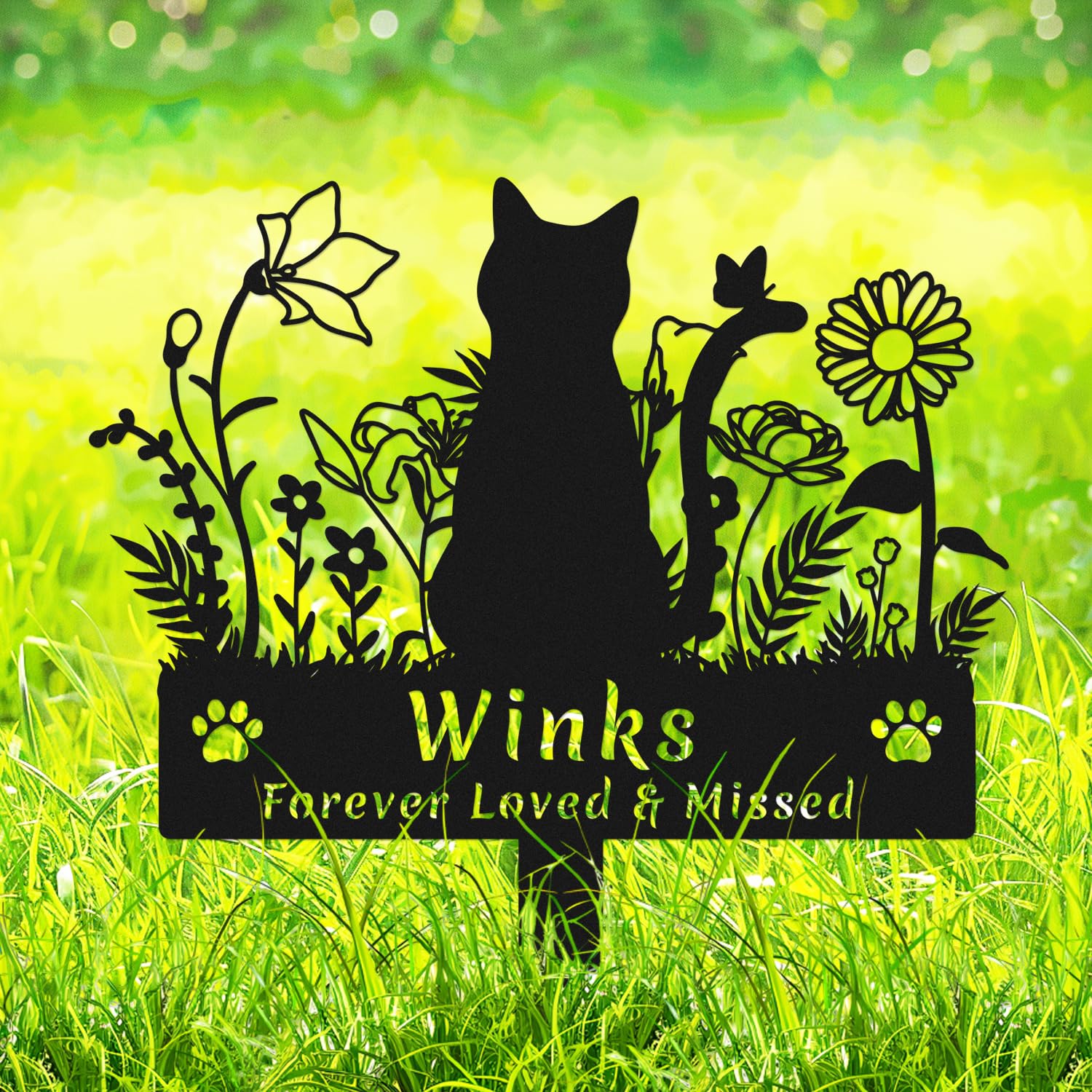 AdtHYUxq Custom Flowers Cat Memorial Grave Marker, Personalized Cat Metal Statue Memorial Remembrance Stake for Grave Lawn Yard, Customized Pet Cat Memorial Plaque Garden Stake with Paws