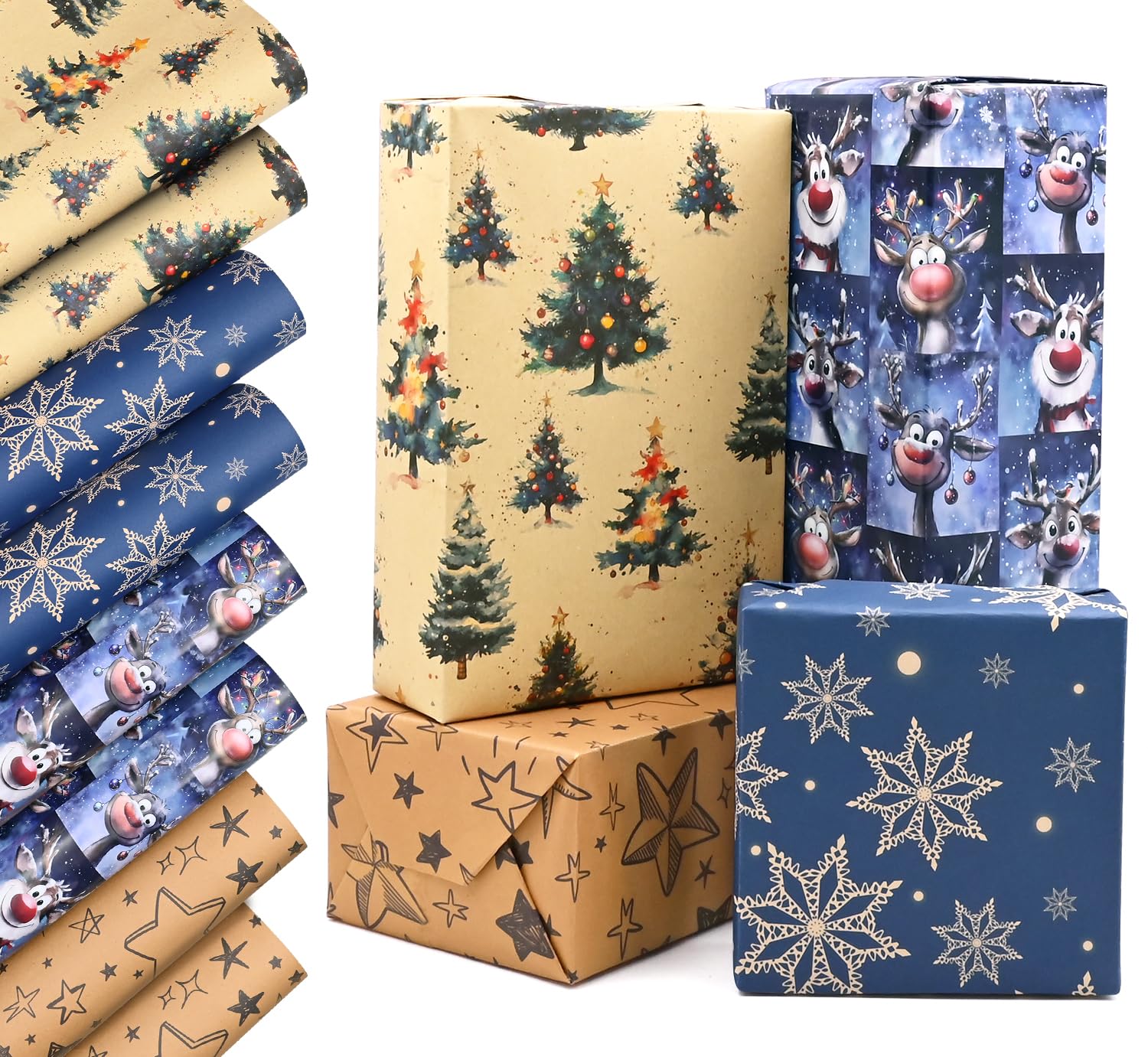 8pcs Christmas Wrapping Paper Sheets, QRTDXP 50 * 70cm Xmas Series Gift Recyclable Paper with Various Design Perfect for Christmas Party Decoration