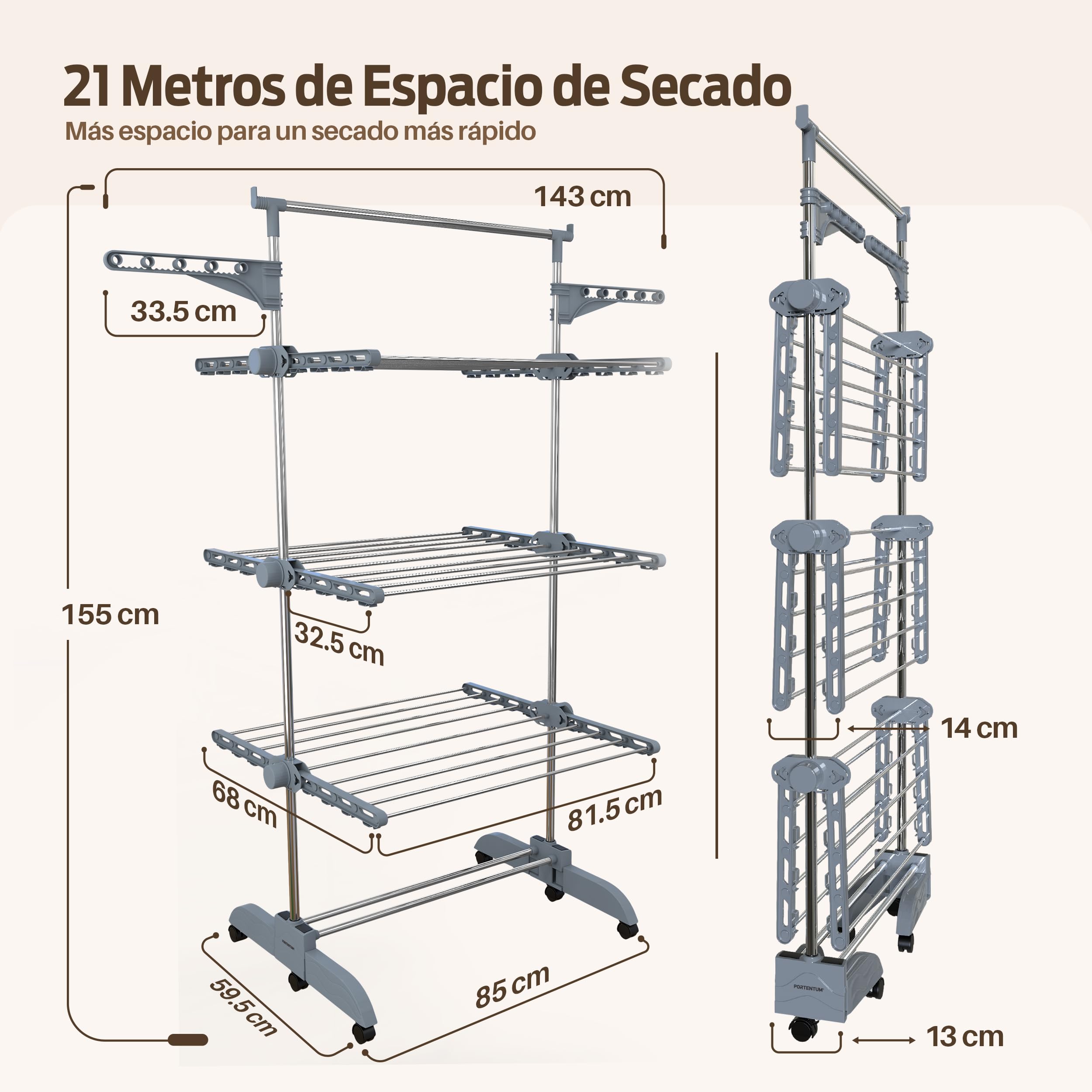 PORTENTUM Tendedero Vertical Plegable 14 cm – 5 Niveles y 58 Ganchos para Perchas – hasta 40 kg – Tenderete 24 Barras de Secado de Acero Inoxidable – Interior y Exterior – Ruedas giratorias con Freno