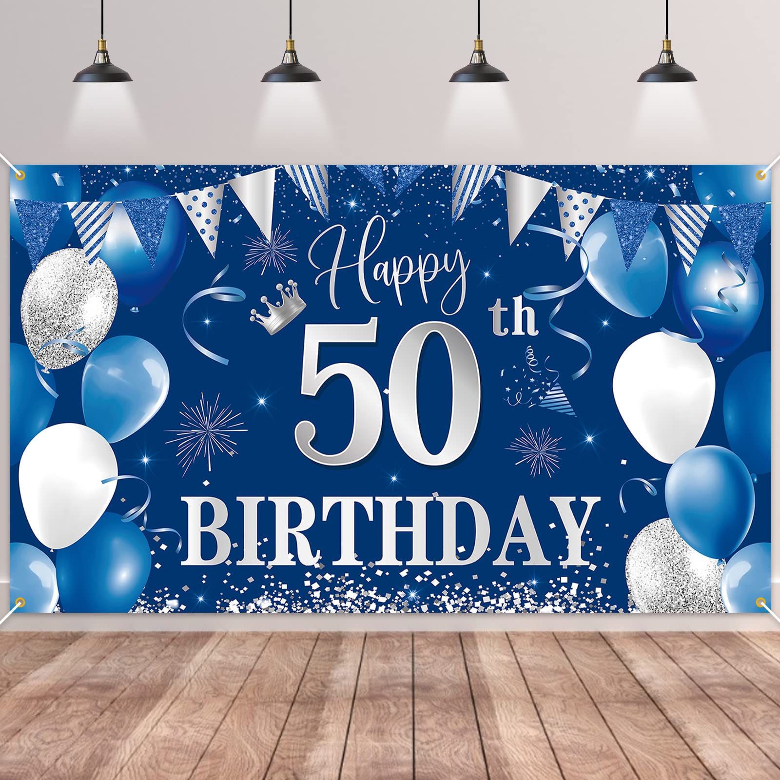 BTZO Happy 50th Birthday Decorations, Blue Silver Fabric Photo Backdrop Background for Parties, 180×110cm