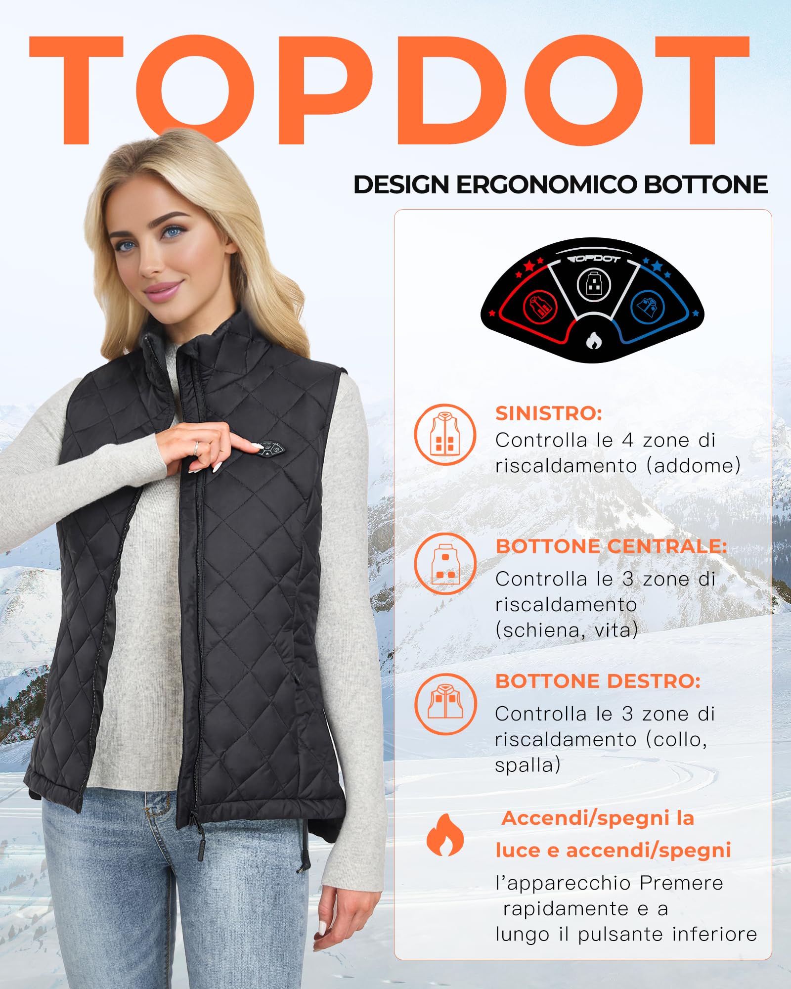 Topdot Gilet Riscaldato Donna con Batteria 7.4V 16000mAh, 10 Zone di Riscaldamento, Elettrico Gilet Termico Leggero con 3 Temperature per Ciclismo, Lavori All'aperto