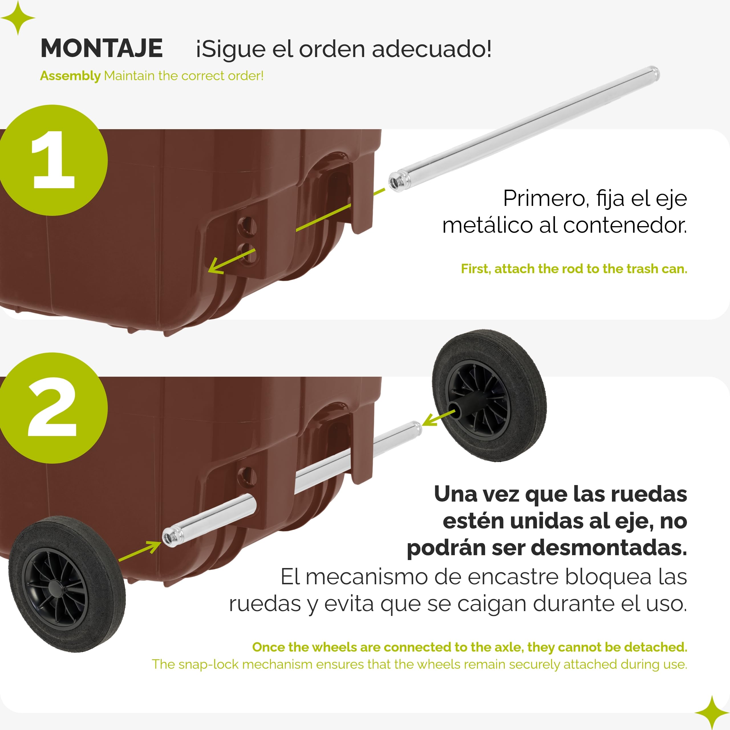 Garronda Cubo de Basura 120L con Tapa y Ruedas – Contenedor de Residuos para Exterior de Plástico Resistente para Reciclaje y Clasificación Ecológica GD-0097, Marrón