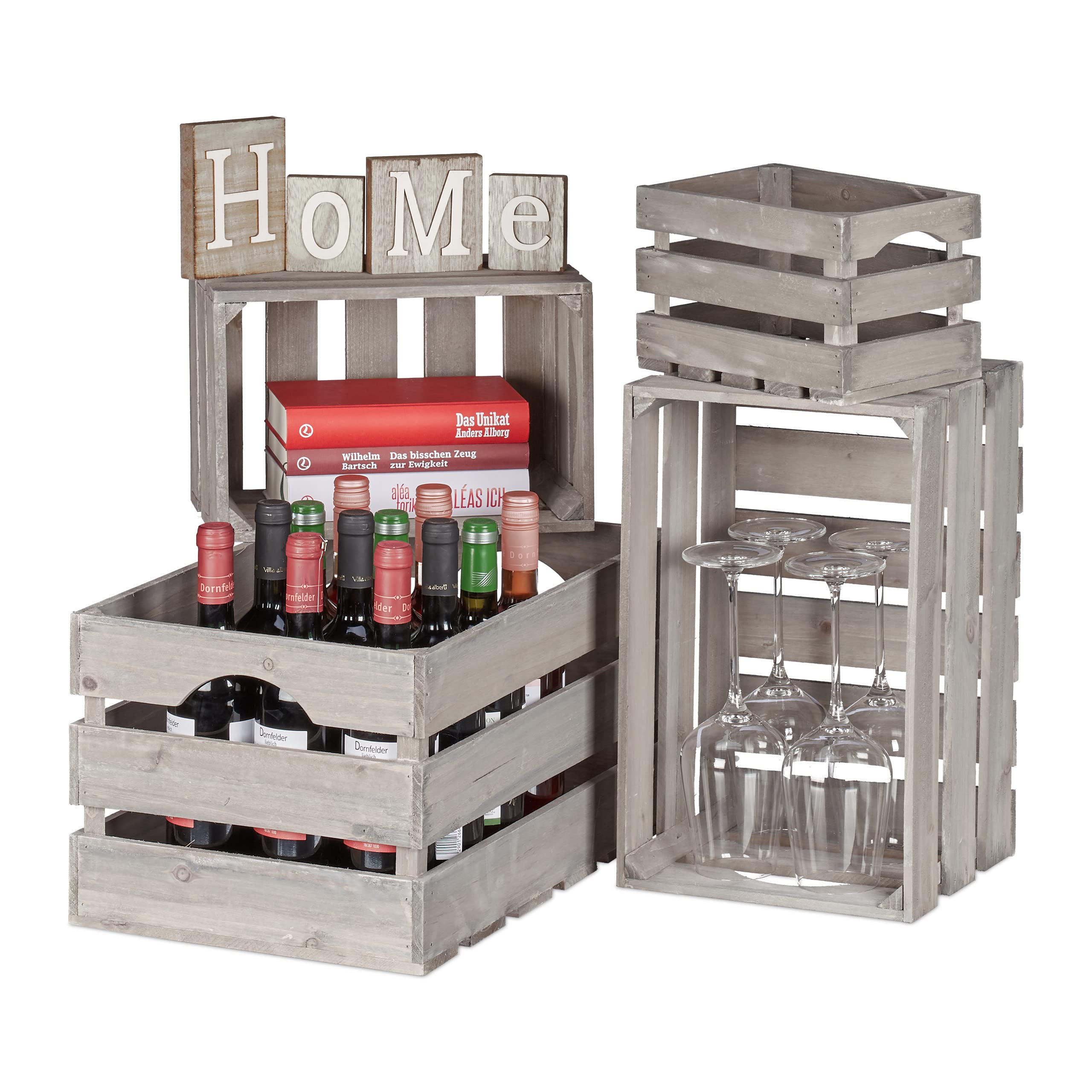 Relaxdays Set da 4 Cassette Vintage in Legno, Contenitore Decorativo, 4 Misure, Bottiglie & Libri, Shabby, Grigio