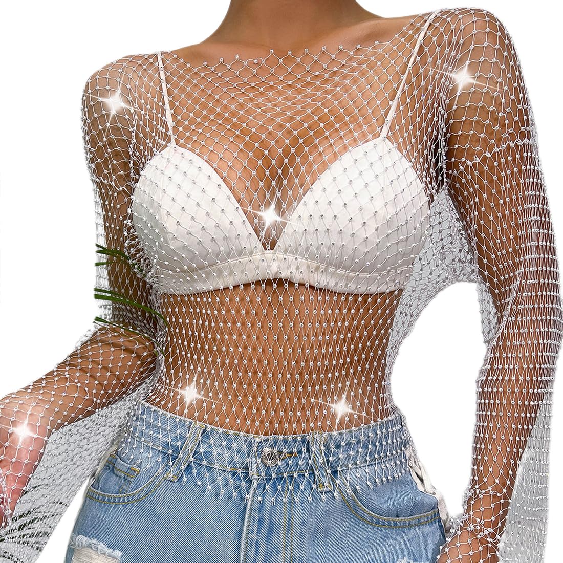 OBEEII Top da donna in rete con strass, a maniche lunghe, con strass, scintillante, per rave party e discoteca