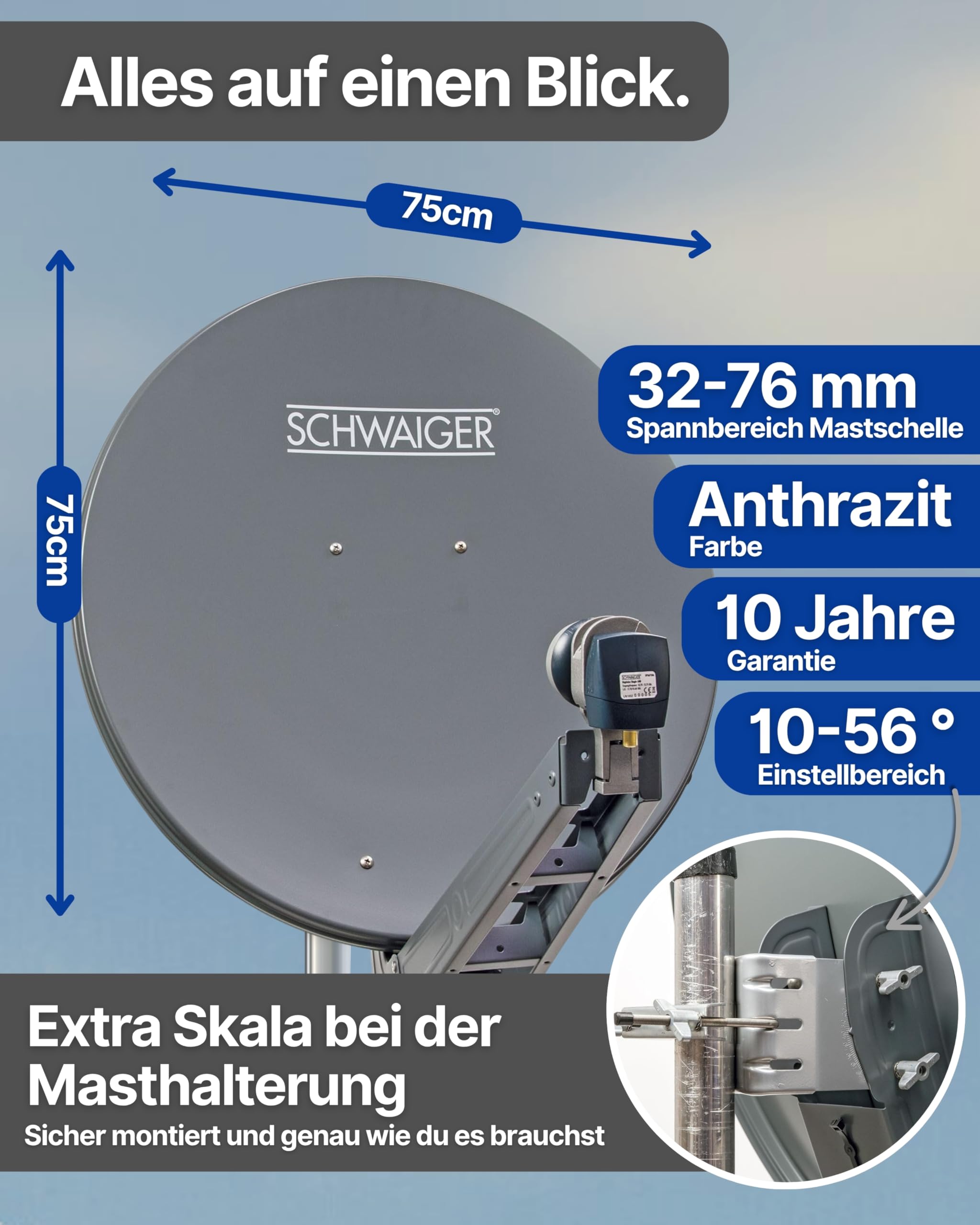 SCHWAIGER Satellitenschüssel Komplettset 80 cm Aluminium Offset Antenne Anthrazit Quad LNB 4-Fach Digital HD 4K Empfang wetterfest
