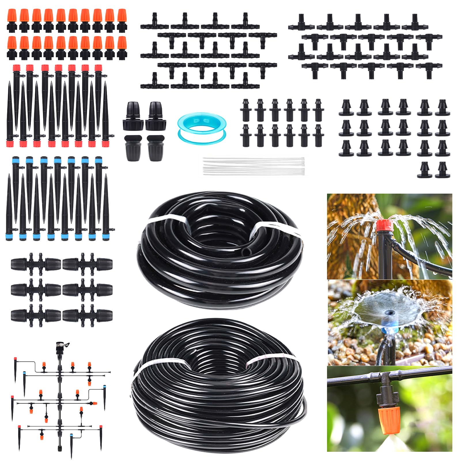 Kit per sistema di irrigazione a goccia per giardino, sistema di irrigazione con ugelli regolabili, tubo flessibile da 1/2 e 1/4", raffreddamento automatico fai da te per prato esterno, patio, serra