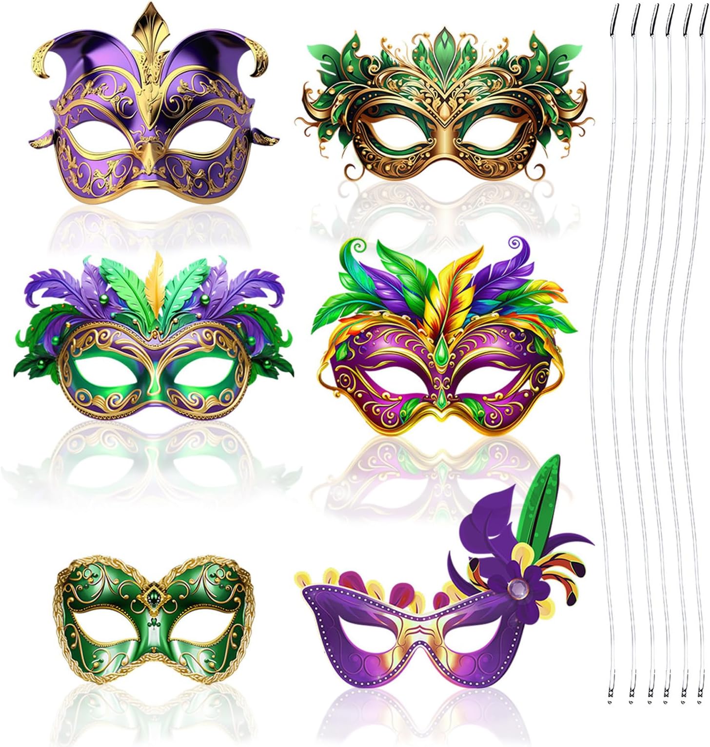6-Pack Carnival Half-Face Paper Masks - Adjustable Strap Masks, Lightweight Feathered Decor, Disposable & Reusable