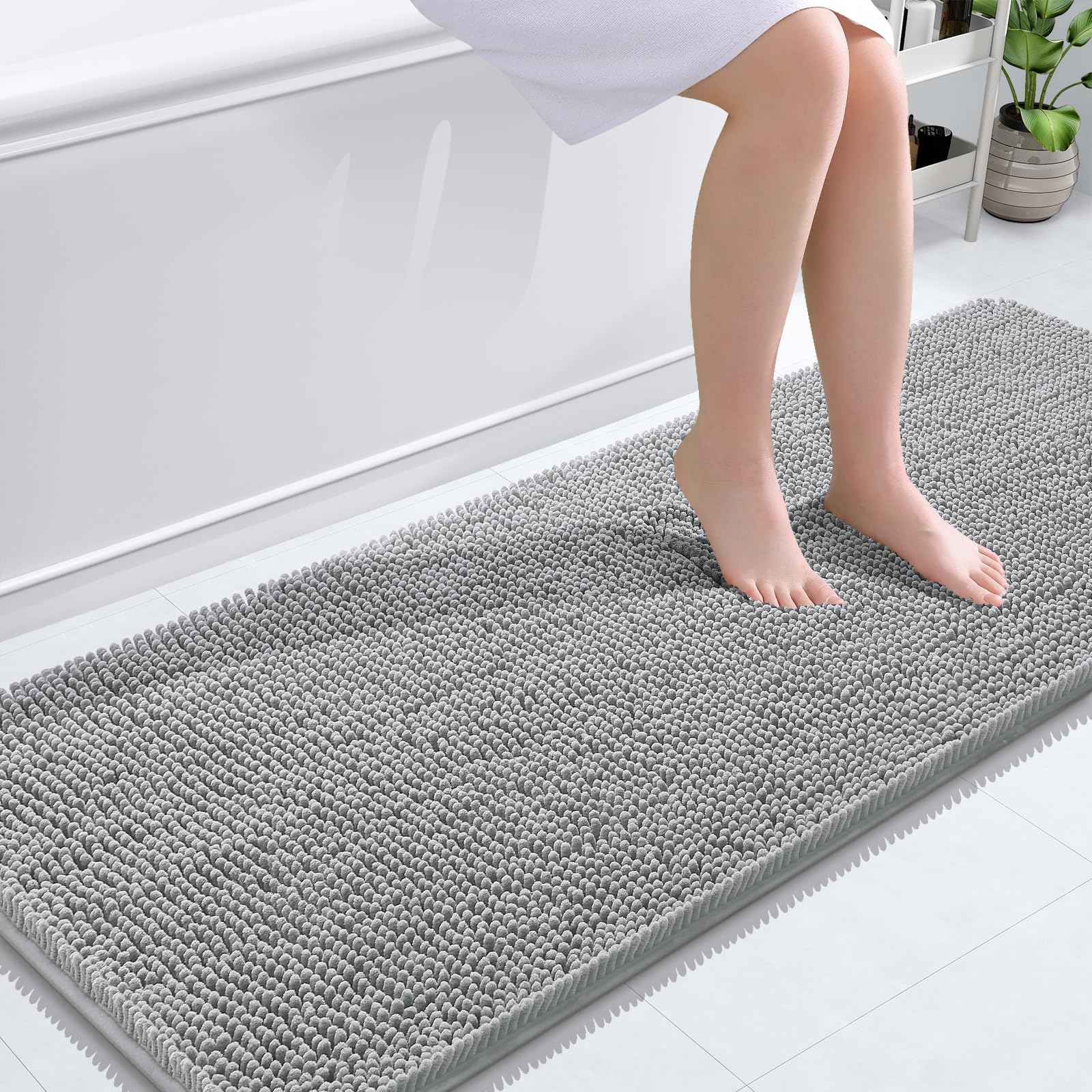 OLANLY Bathroom Runner Rugs 59x24, Extra Soft Absorbent Chenille Bath Rugs | Light Grey, Quick-Drying Rubber Backing, Washable Long Bath Mat for Bathroom Floor, Tub and Shower, Home Decor Accessories