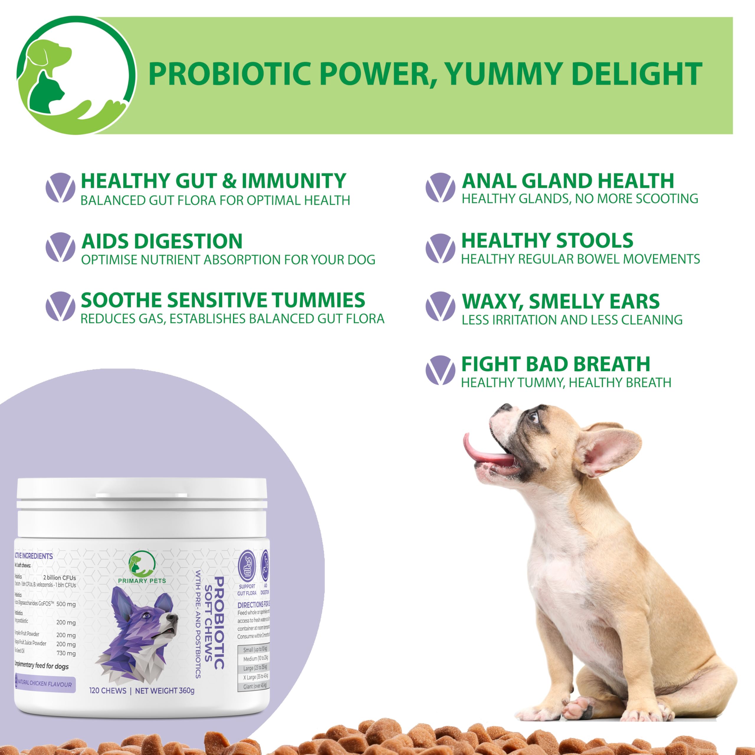Primary Pets Premium Pet Supplies Dog Probiotic Treats with Prebiotics and Postbiotics, Natural, 120 Chews - Image 2