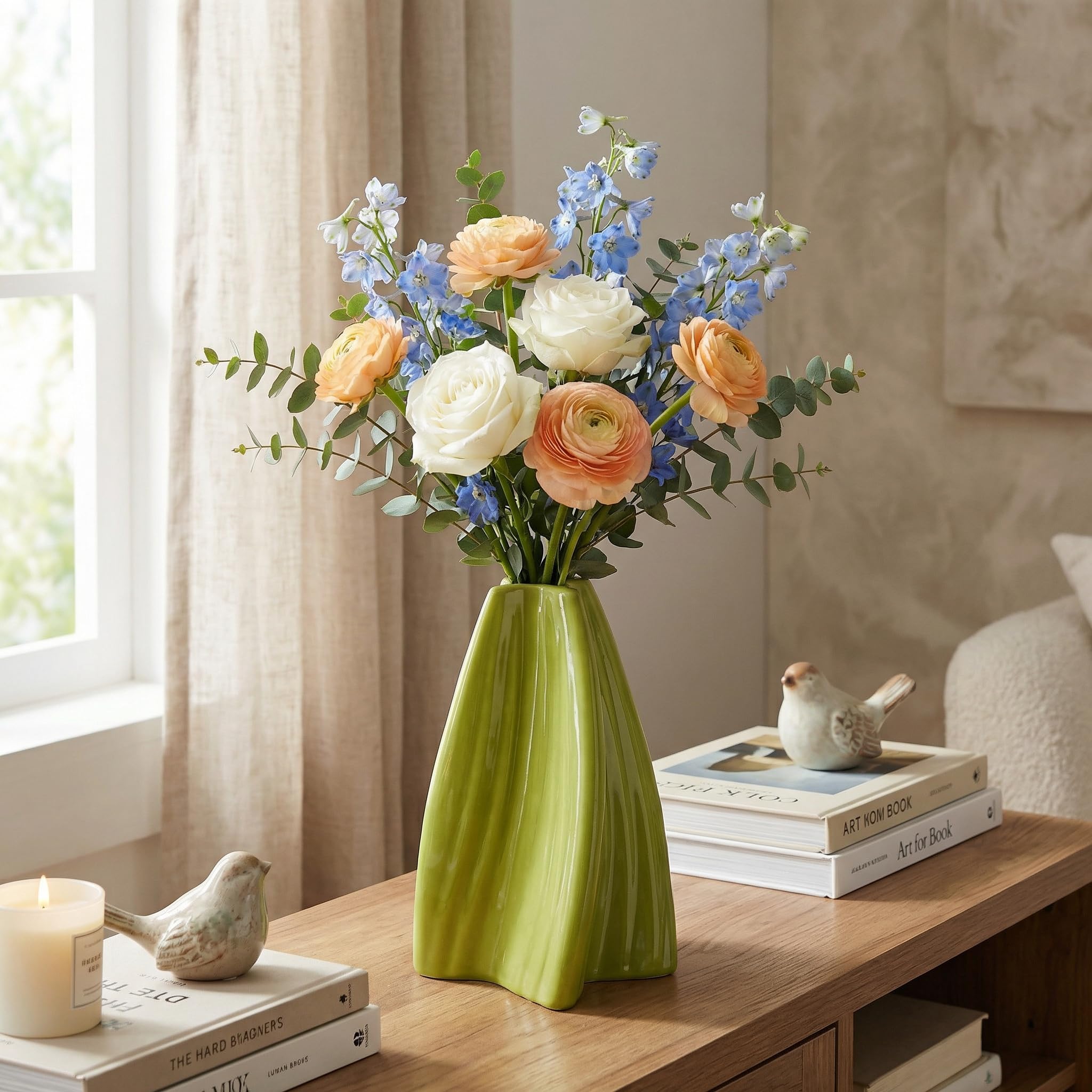 Plastic Decorative Flower Vase for Living Room Décor, Modern Ribbed Ceramic-Look Table Vase, Elegant Plastic Flower Pot for Fresh & Artificial Flowers, Home & Office Decoration (Glossy Green)-image-41