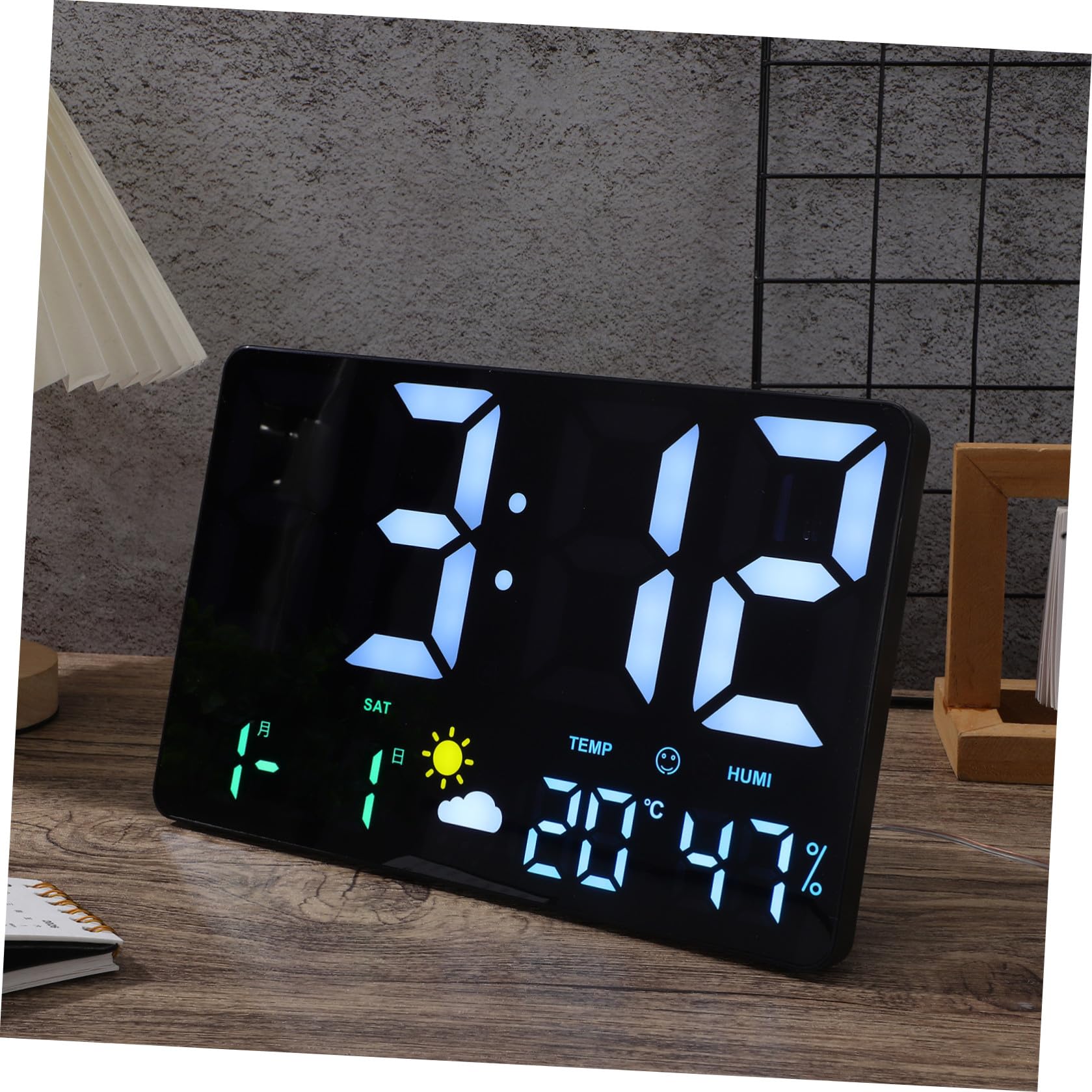 Orologio da Parete Digitale Temperatura e Calendario, Display Grande | Luci Colorate, Previsioni Meteo, Plastica Nera, per Ufficio e Soggiorno