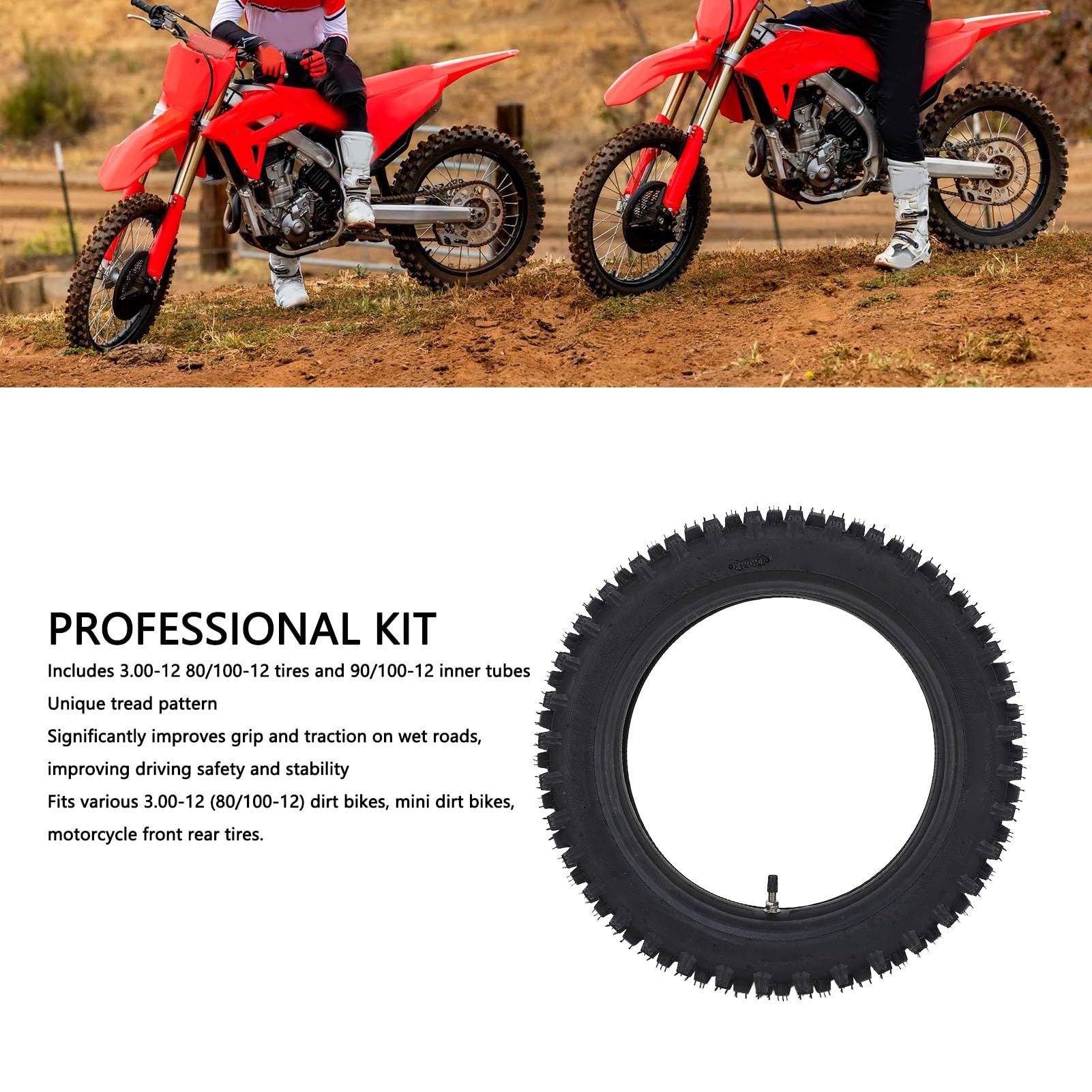 aqxreight 80/100-12 Pneu 3.00-12 Kit de Pneu de Moto Hors Route et Tube Intérieur avec Soupape TR87 pour Bord de 12 Pouces de Vélos de saleté Mini Vélos de saleté