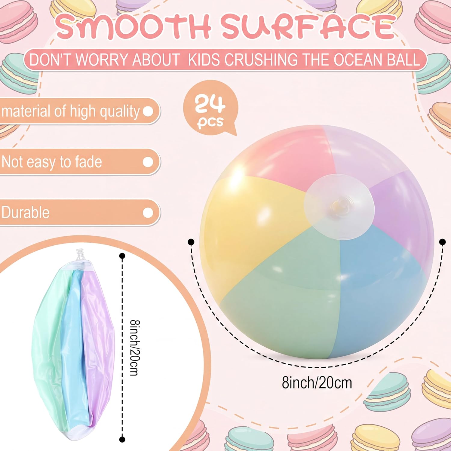 MiniInflat 24 Pcs Inflatable Pastel Beach Balls Bulk for Kids Jumbo Big Macaron Beach Balls for Adults Summer Swimming Pool Water Games Party Favor(8 Inch)