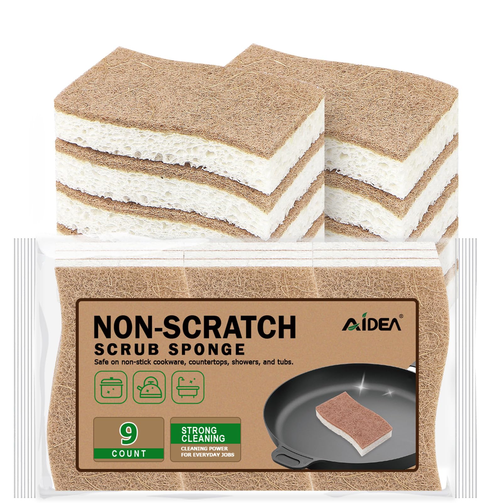 AIDEA Natural Cellulose Scrub Sponge, 9-Count, Non-Scratch, Biodegradable | Eco-Friendly Cleaning Power - main product image