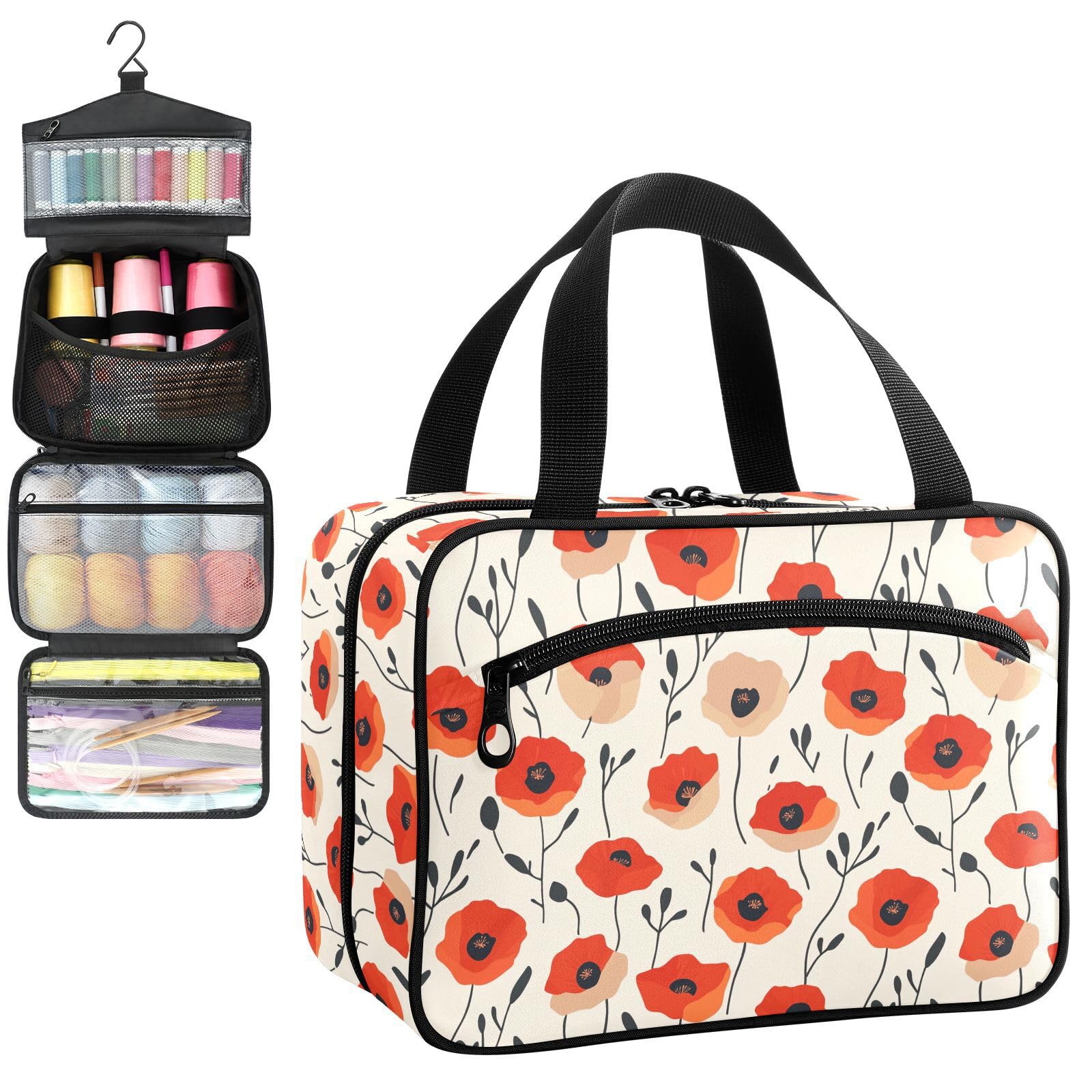YNNALE Sewing Supply Organizer Bag, Simple Cute Designed Red Poppy Flowers Portable Sewing Bags with Pockets&Hanger, Sewing Storage Box Case for Sew Supplies/Kit/Tools/Accessories (BAG ONLY)
