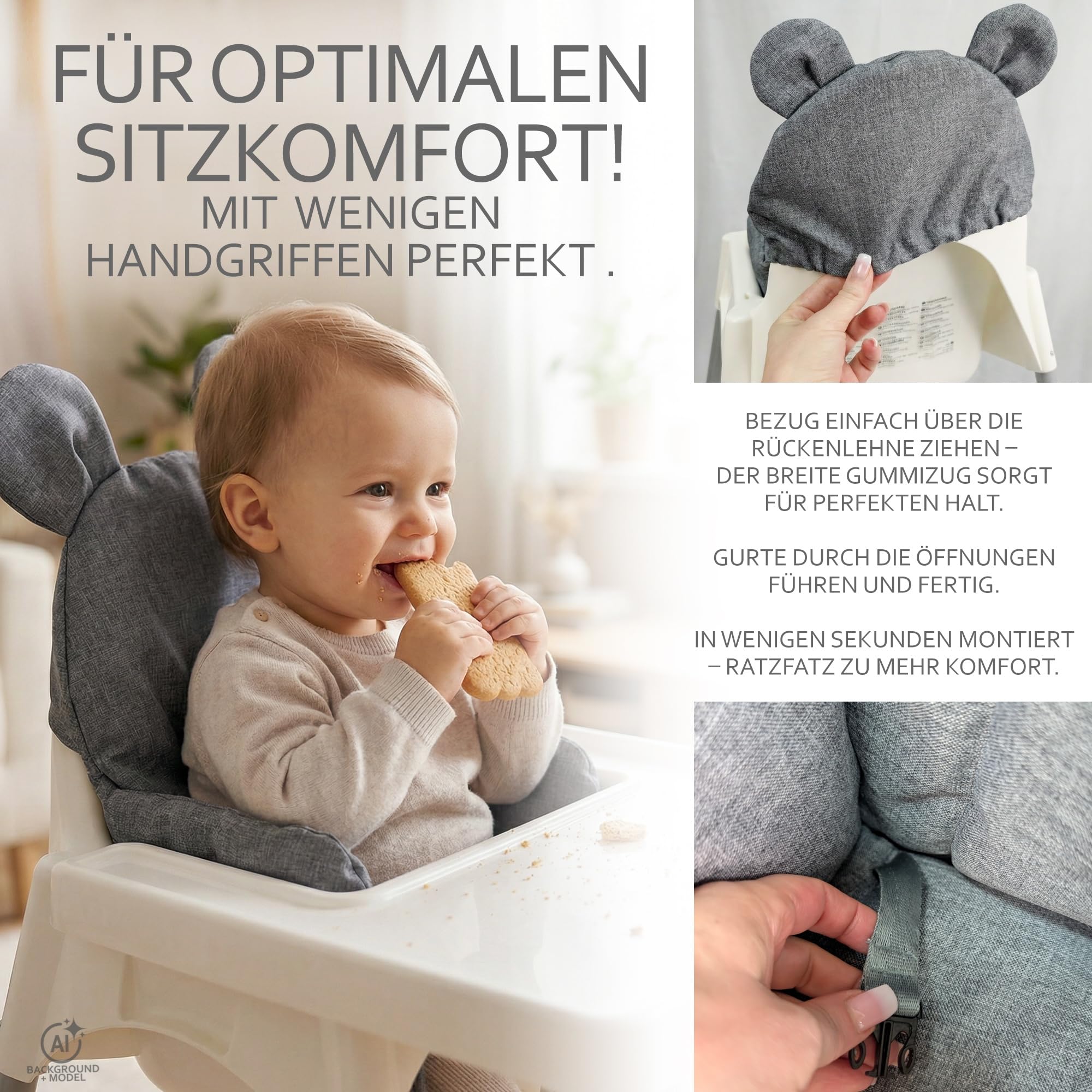 Sitzbezug für Ikea Antilop Hochstuhl, Dunkelgrau meliert Teddy | Sitzverkleinerer, Kissen, extra weich, waschbar, langlebig