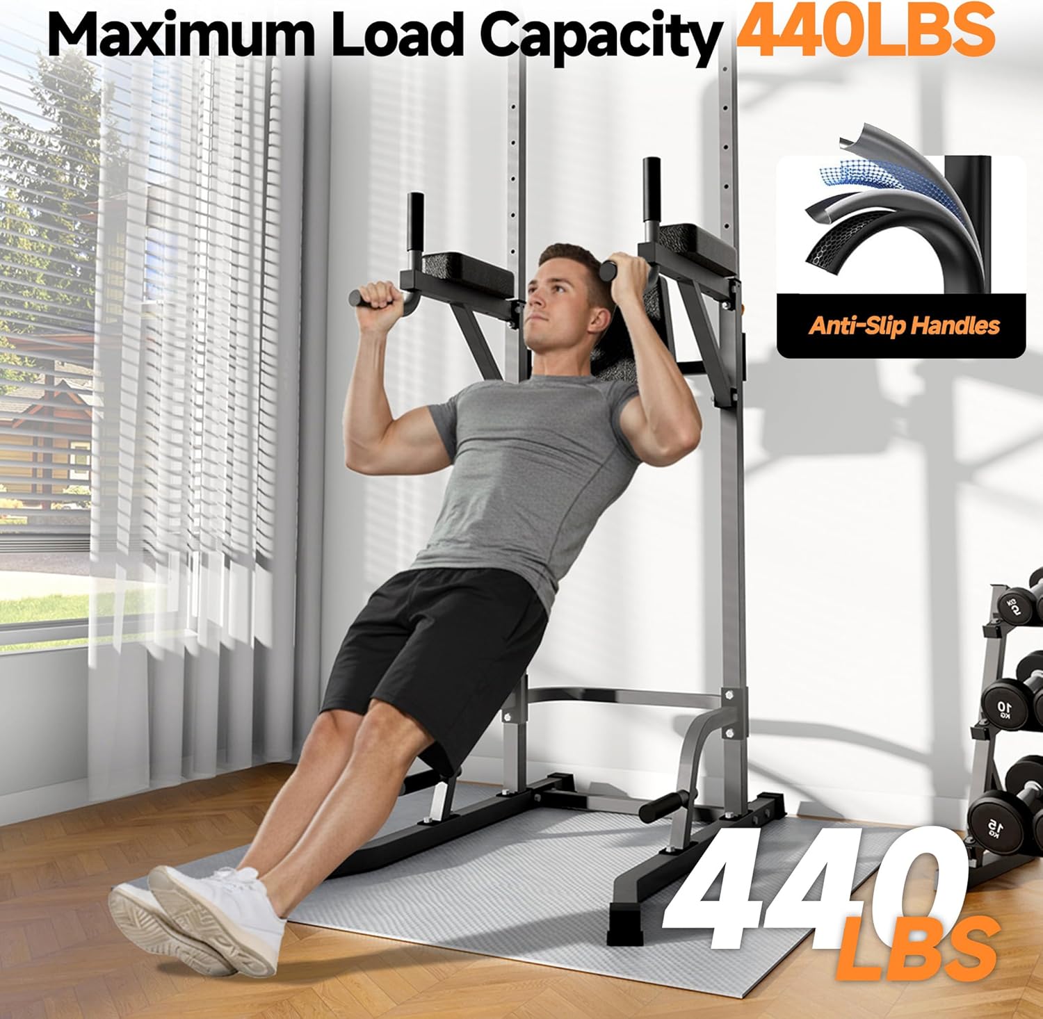 Power Tower Pull Up Station for Home Gym, Dip Station with Splayed H-Shaped Base, 440LBS Capacity, Adjustable Height Workout Station for Pull-ups, Dips & Leg Raises