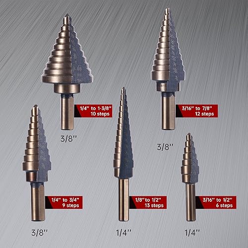 Miniatura 2 de Brocas escalonadas, 6 unidades (50 tamaños) HSS Step Unibit Juego de brocas con punzón central automático negro y dorado, cuchillas de corte doble