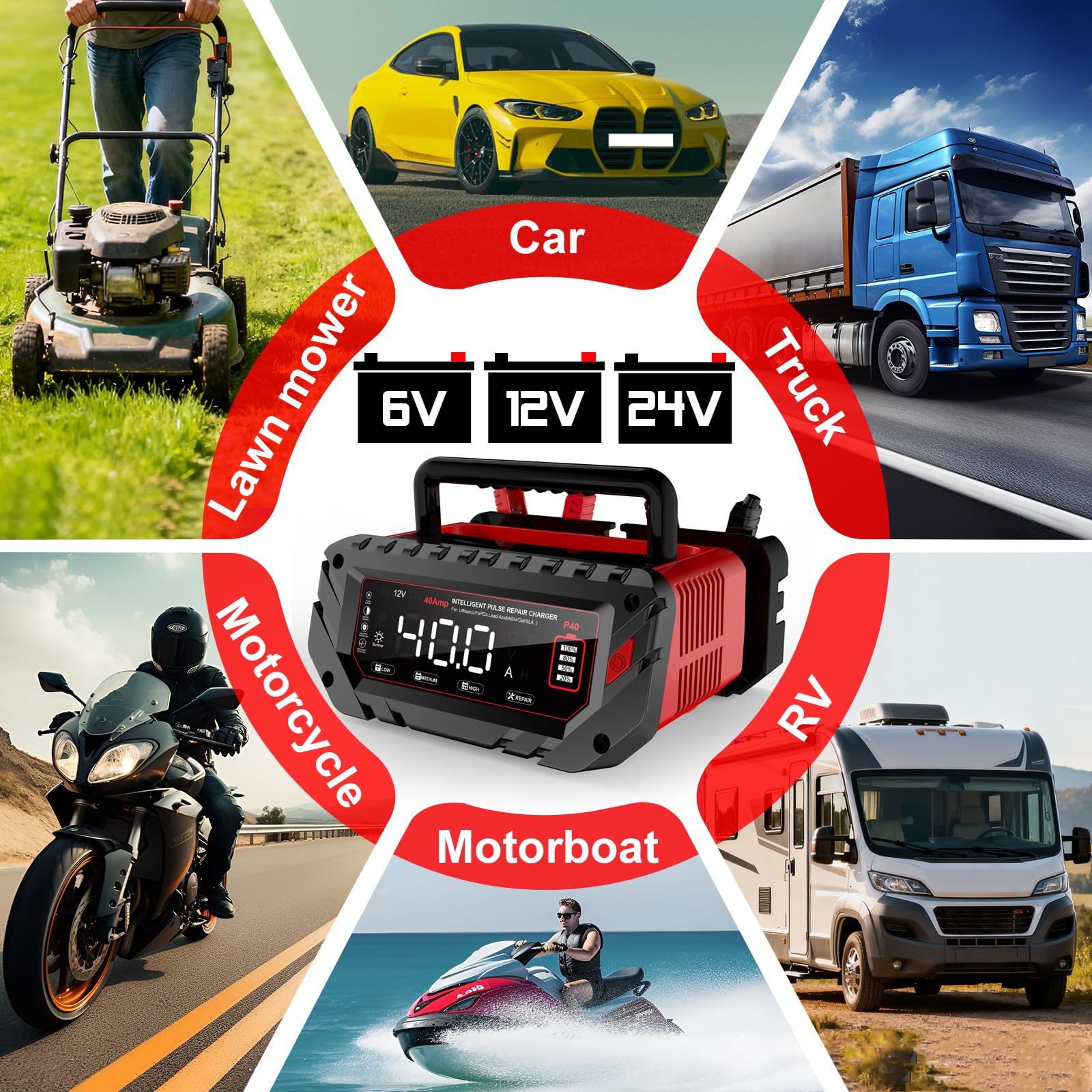 Ładowarka do akumulatora samochodowego 40 A, 6 V/12 V/24 V LiFePO4, ładowarka do samochodów, motocykli, kosiarek, łodzi, litów, LiFePO4 i kwasowo-ołowiowych (AGM, żelowy, MF, EFB, SLA, VRLA, VRLA