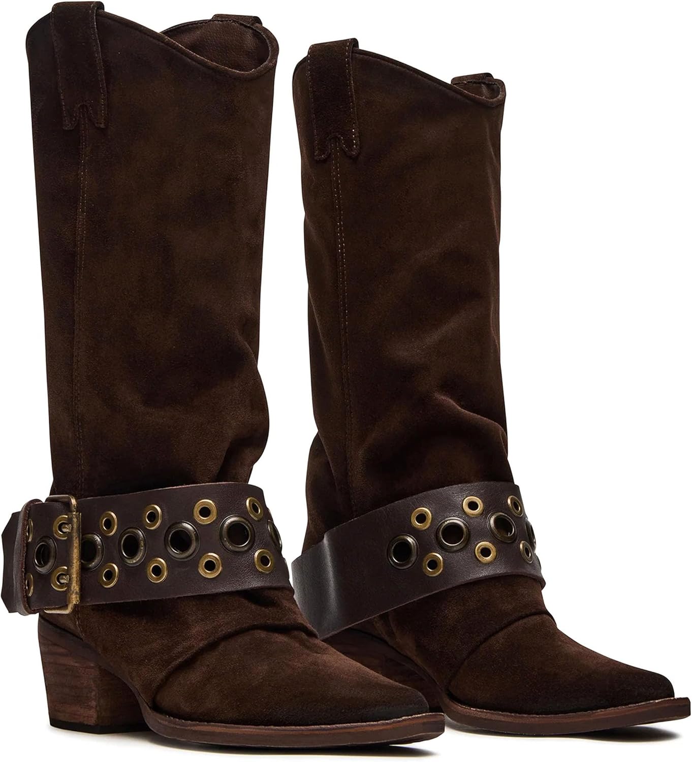 Cowboy Boots for Women Buckle Strap Suede Cowgirl Boots Pointed Toe Chunky Heel Mid Calf Boot Comfort Western Shoes