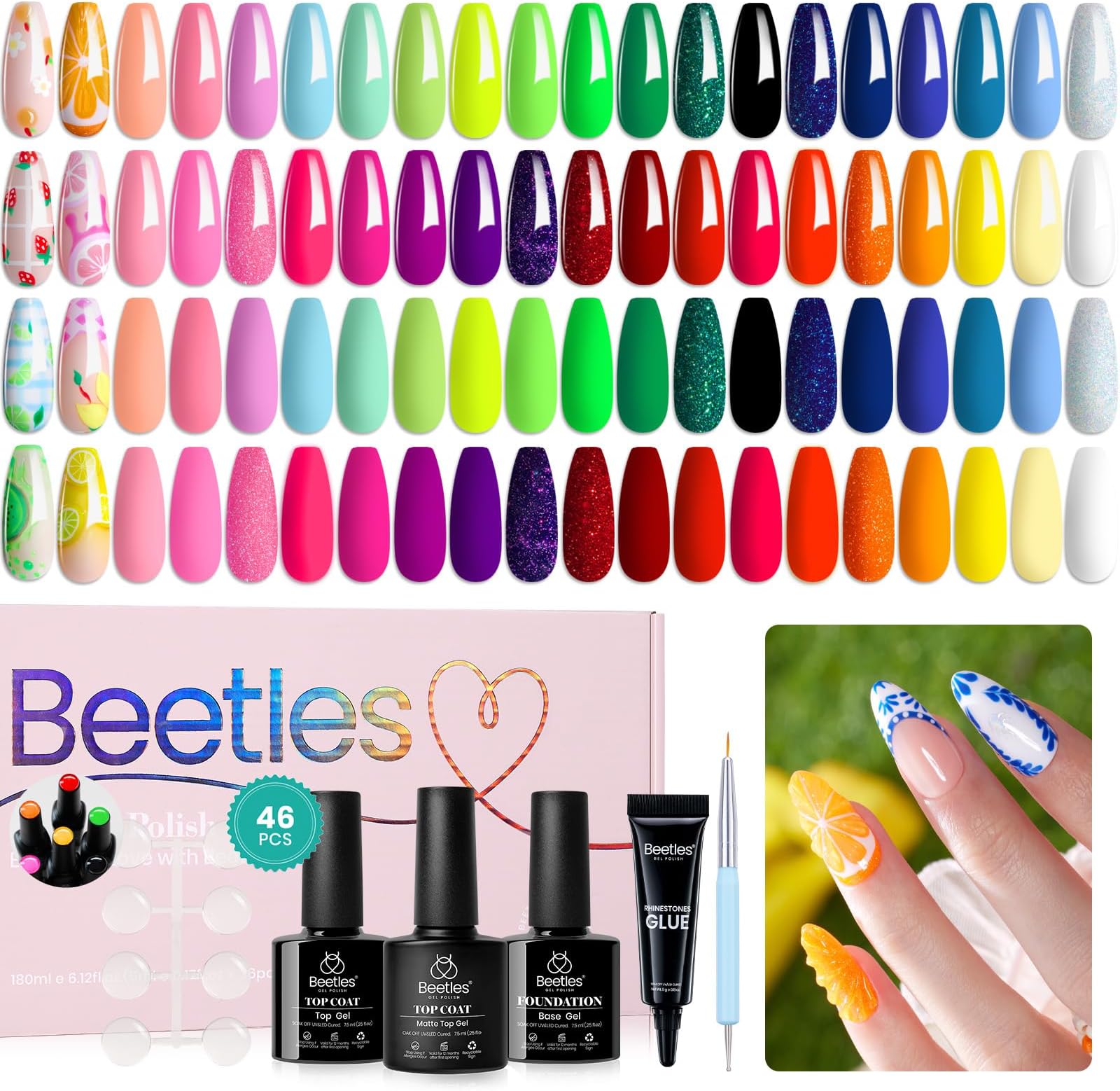 Beetles Gel Nail Polish Set-36 Colors Rainbow Nails Neon Juicy Picnic Party Collection & Rhinestone Gel Nail, 46Pcs Fruit Bubbles Nails Blue Green Pink Color with Top Base Coat Liner Brush