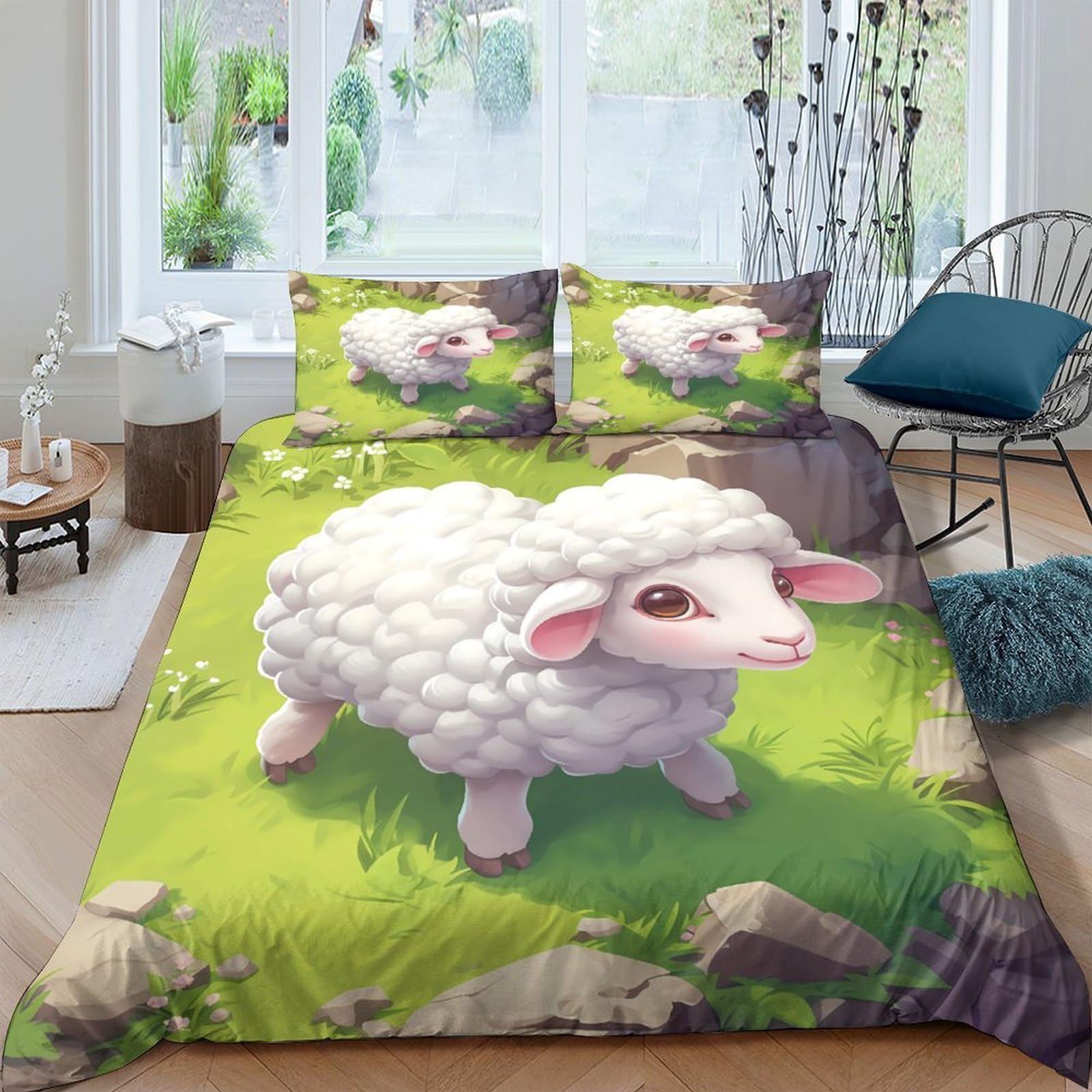 Ctjqhvkz Style-1 3D Printed Cute Sheep Fitted Sheet Microfiber Soft Green Pasture Bed Cover For Bedroom Guest Room Mattress Protection Decor Single（135X200cm）